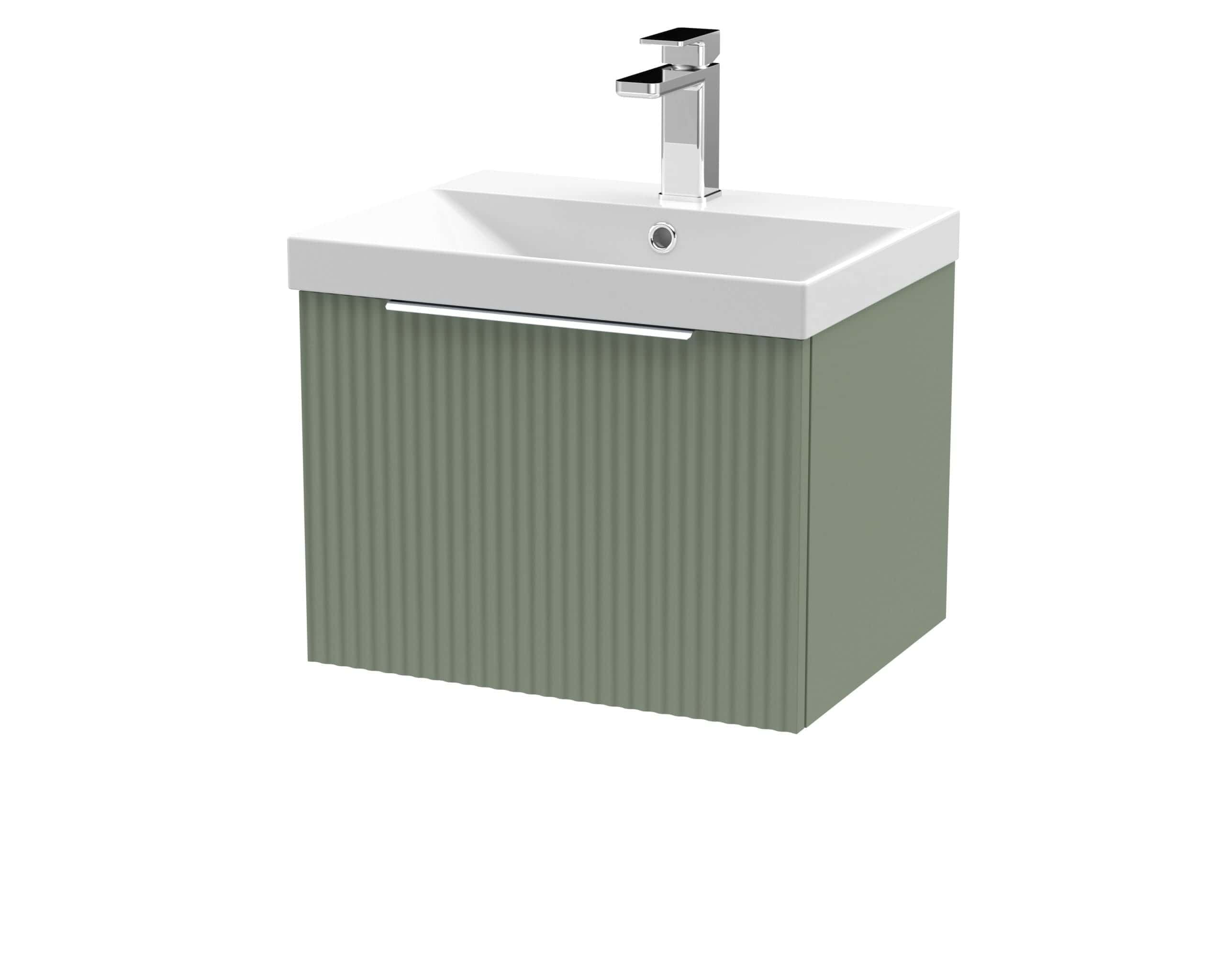 Sleek modern bathroom vanity with a built-in sink, chrome faucet, and textured grey cabinet offering stylish storage solutions for contemporary bathrooms.