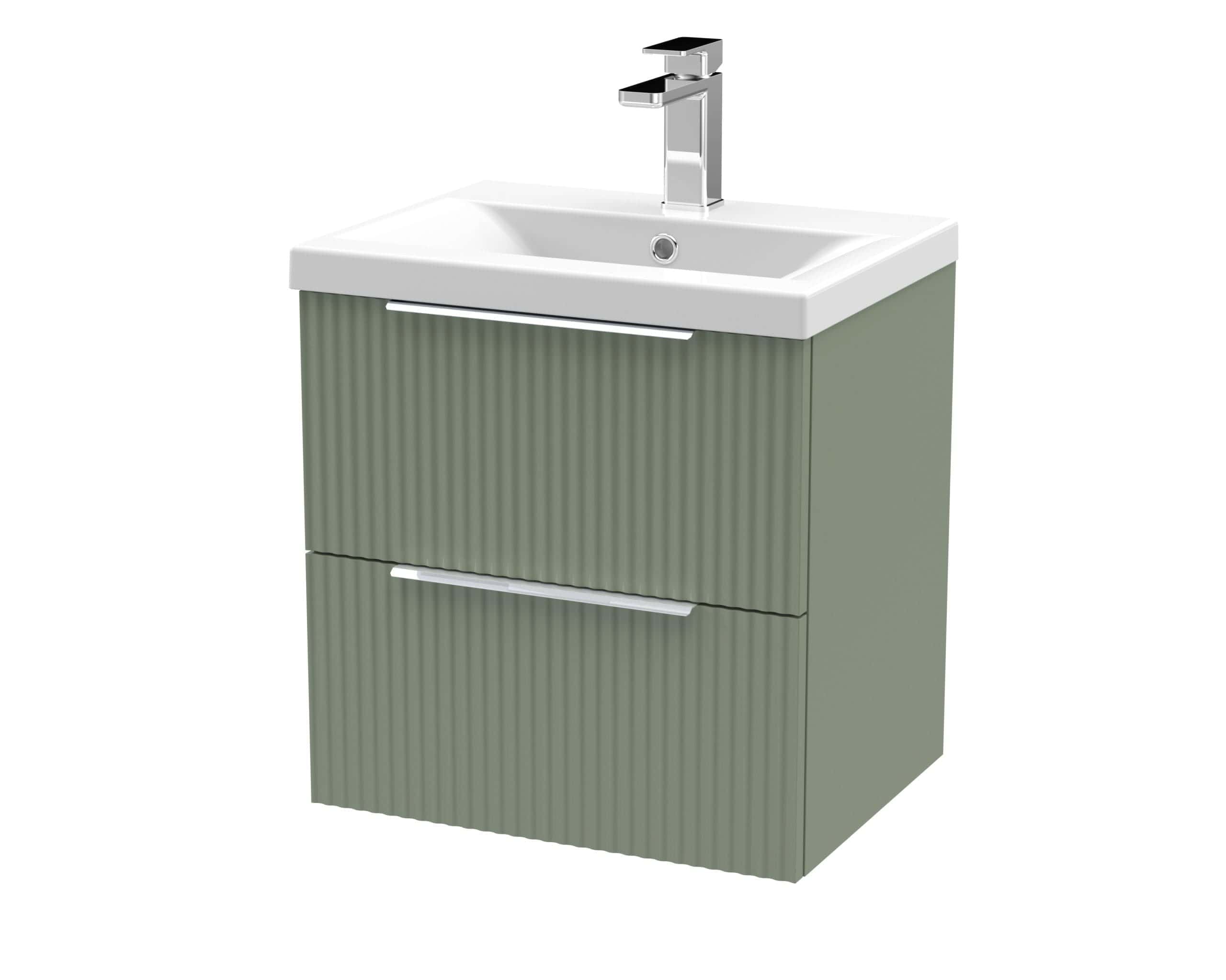 Sleek green bathroom vanity with integrated sink and modern chrome tap, featuring textured cabinet surfaces for stylish bathroom storage solutions.