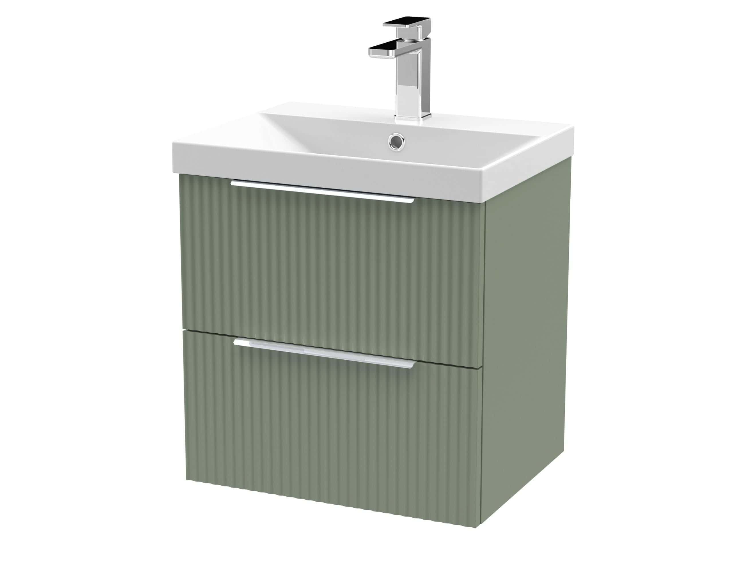 Modern bathroom vanity unit with integrated sink and chrome tap, featuring a textured green finish and sleek handle design for contemporary bathroom decor.