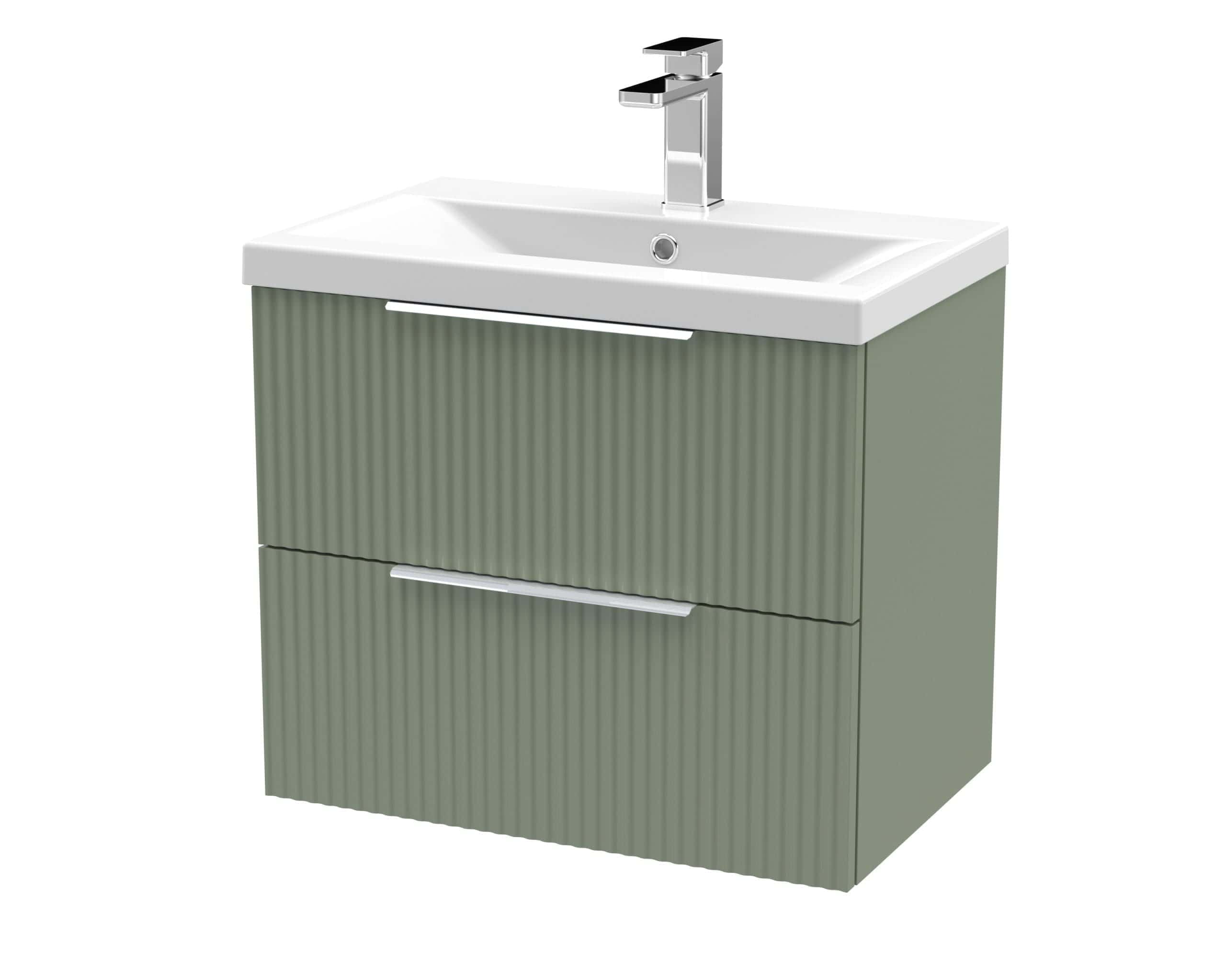 Modern bathroom vanity unit with sink and storage in muted green colour, perfect for contemporary bathrooms. Featuring a sleek design with textured finish and integrated handles for a stylish look.