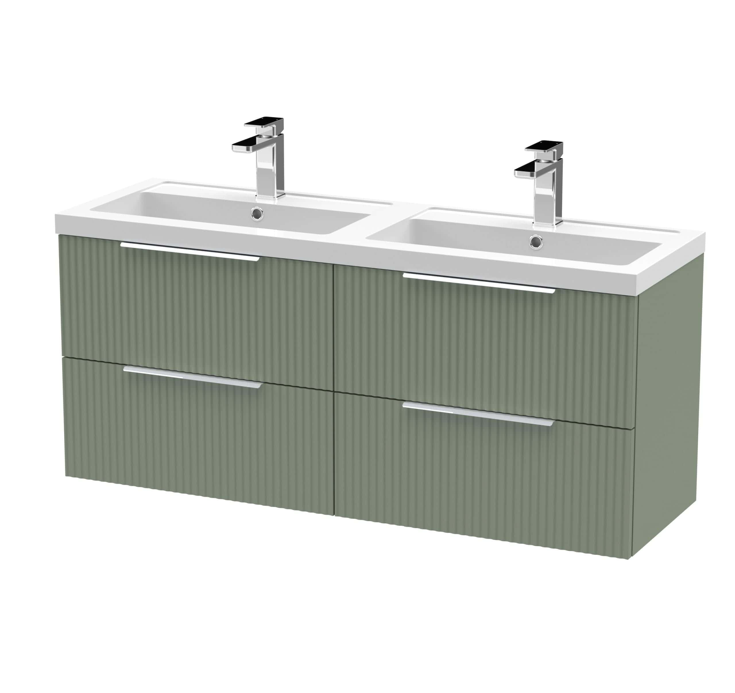 Contemporary double sink bathroom vanity with dual taps, green textured cabinet doors, and sleek hardware, perfect for modern bathroom design.