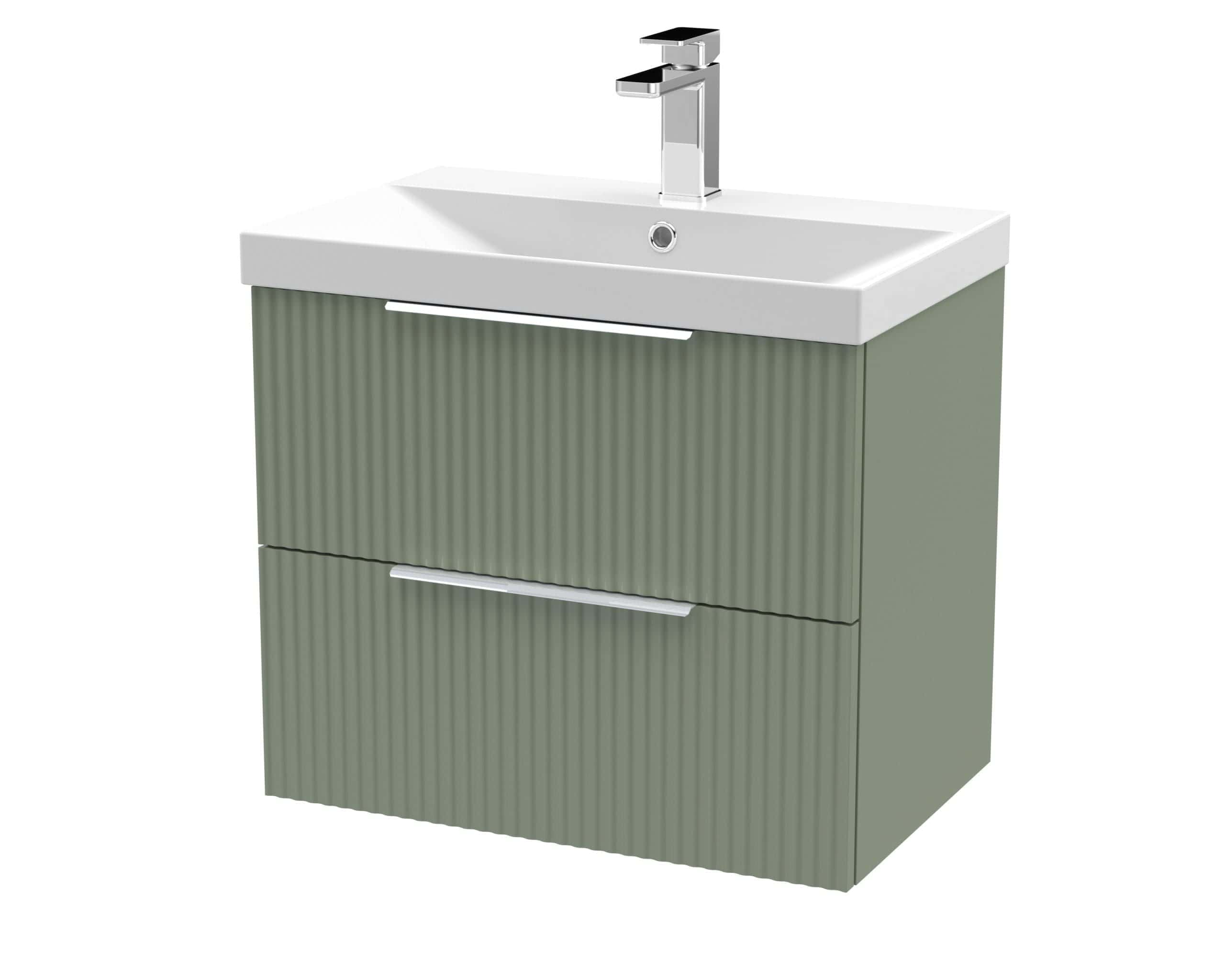 Smooth green bathroom vanity unit with integrated basin and modern chrome tap, perfect for contemporary bathroom decor.