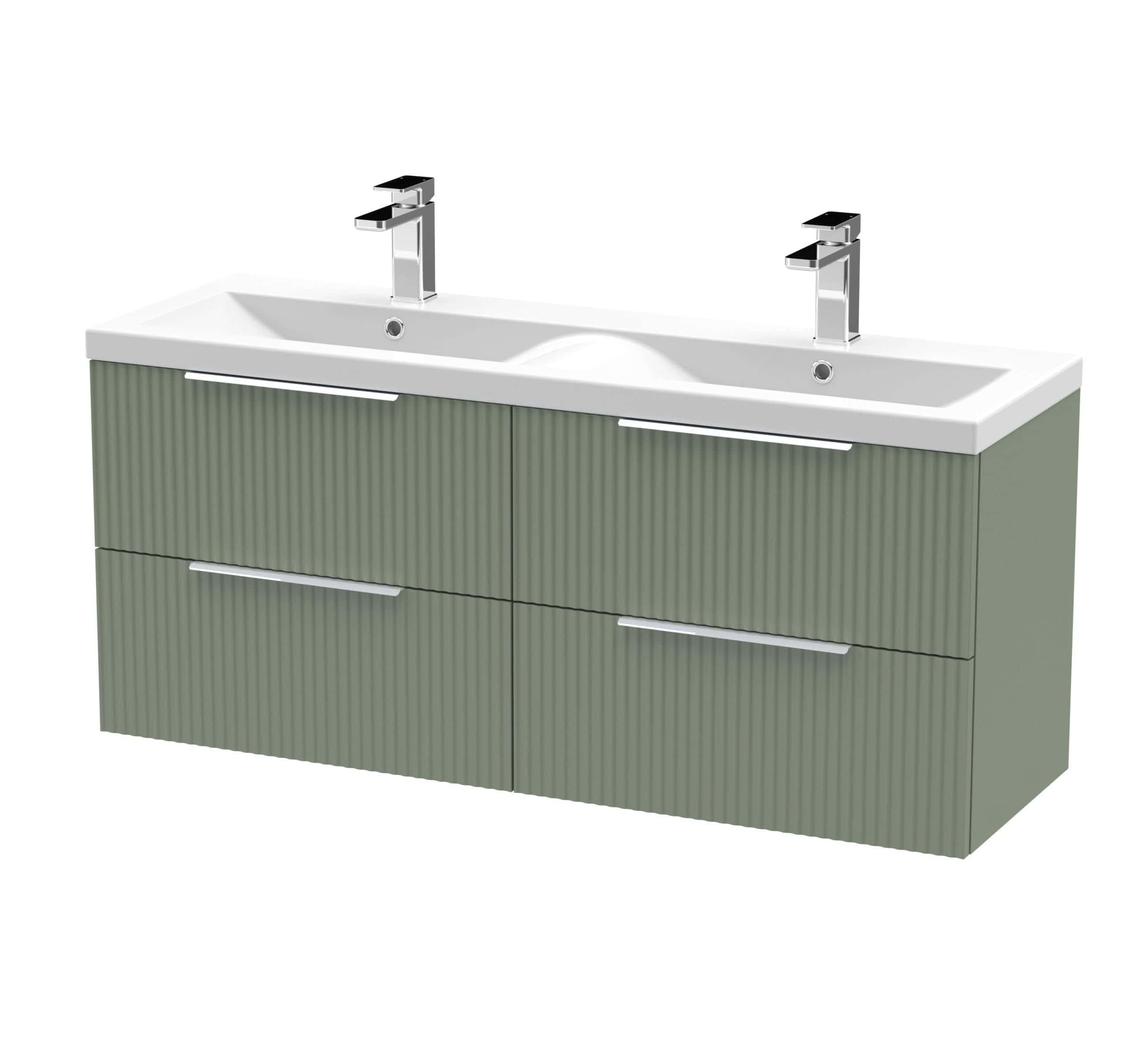 Contemporary double bathroom vanity with sleek green ribbed cabinet and two modern chrome faucets, ideal for stylish bathroom interiors.