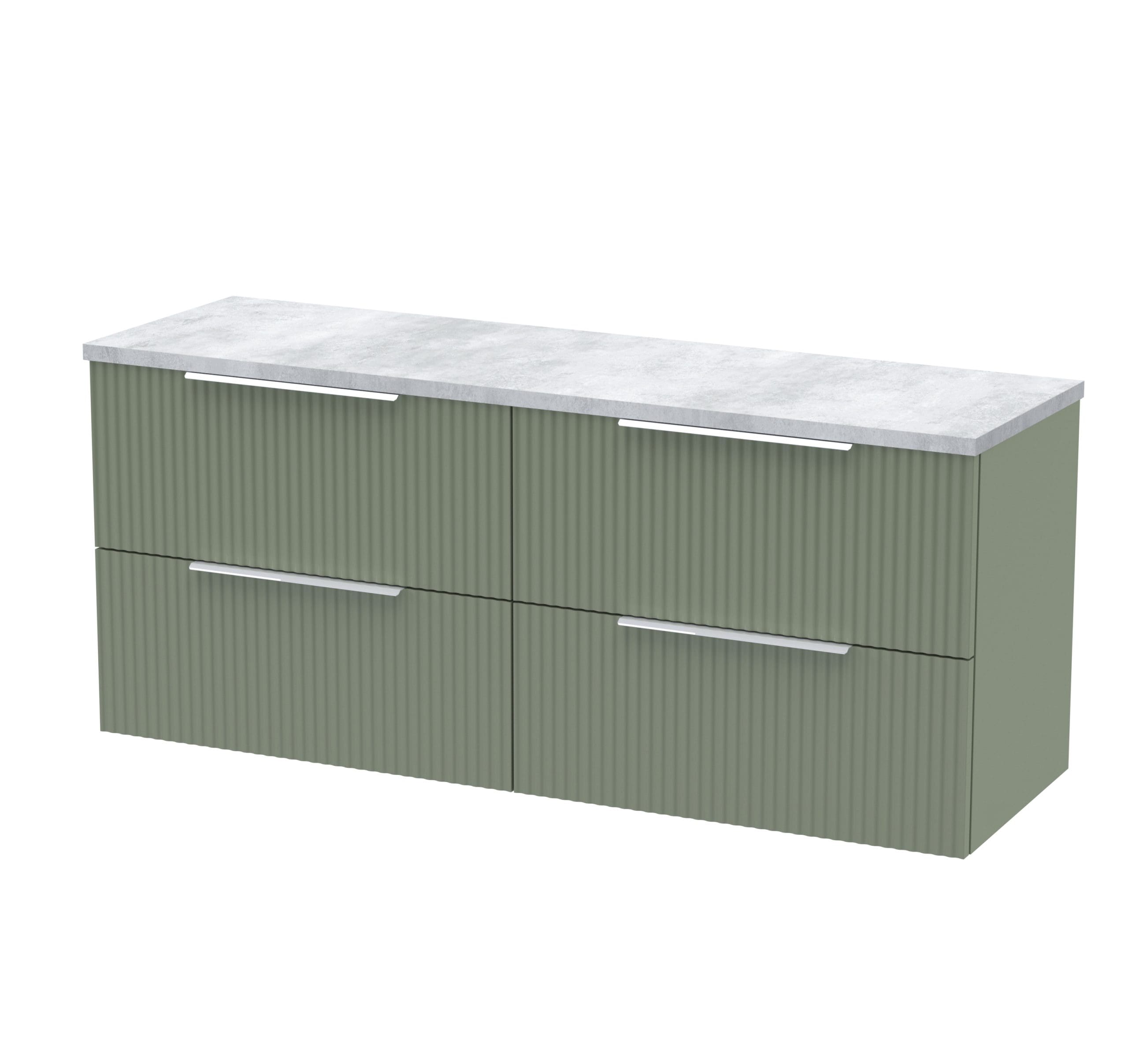 Modern green bathroom storage cabinet with ribbed doors and a marble top, ideal for contemporary bathroom decor.
