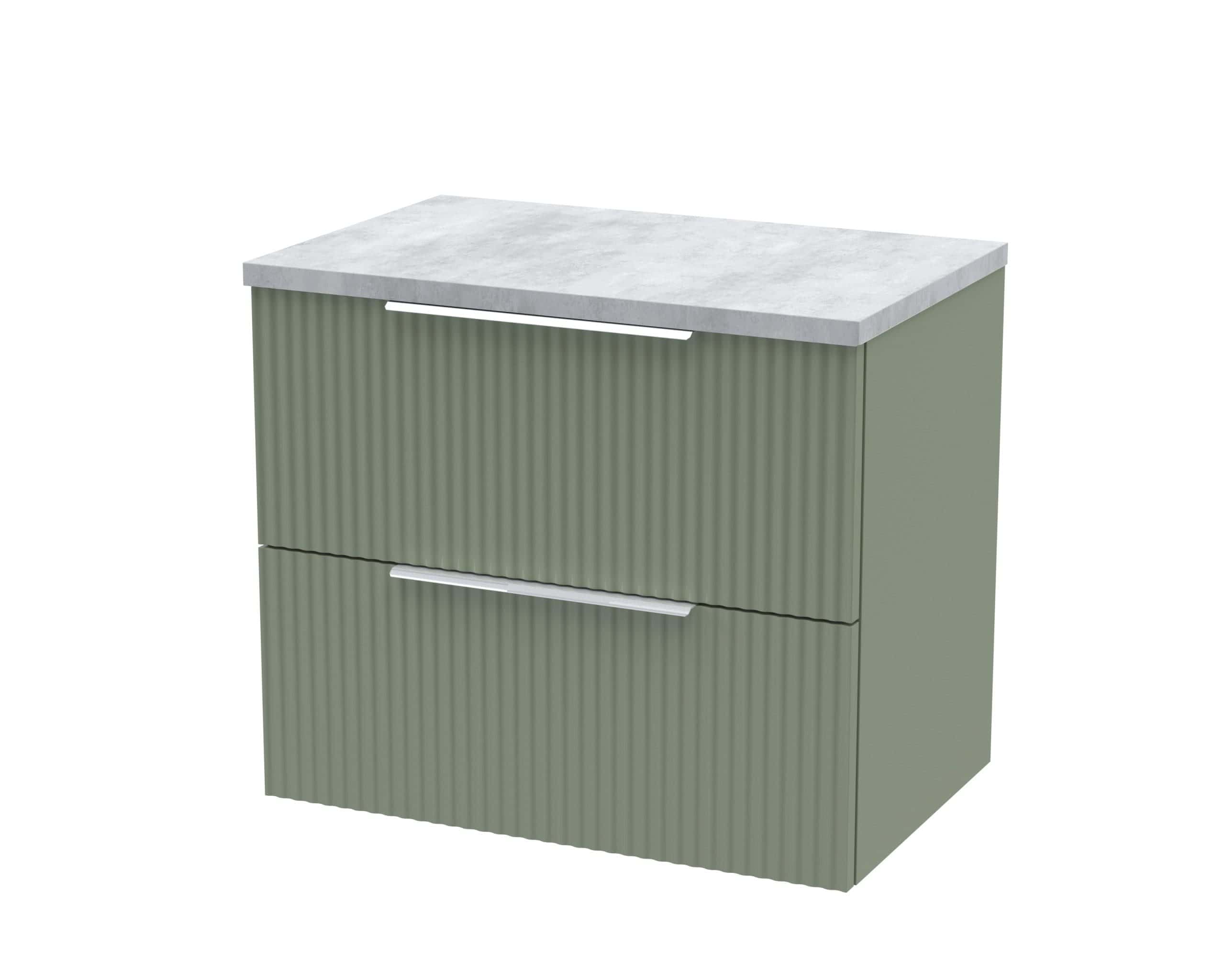 Sleek bathroom vanity unit with textured ribbed green drawer fronts and a marble top, perfect for modern bathrooms and storage solutions.