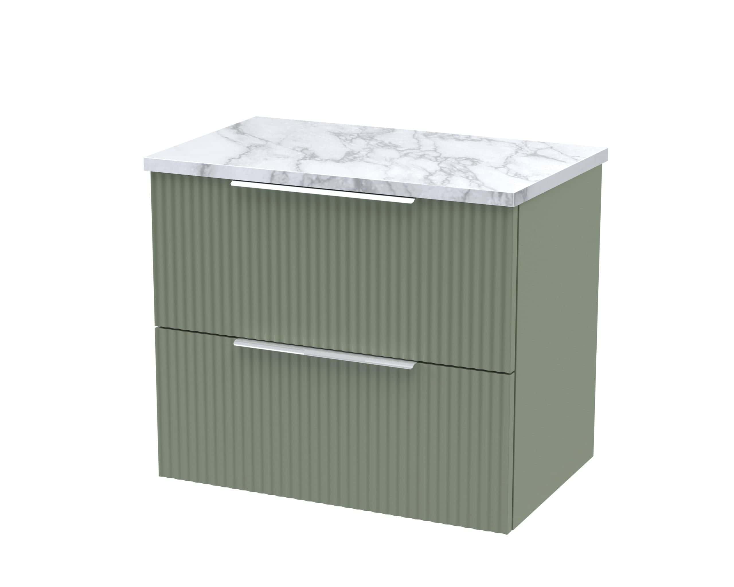 Contemporary green bathroom vanity with ribbed cabinet doors and a marble top, stylish storage solution for modern bathrooms.