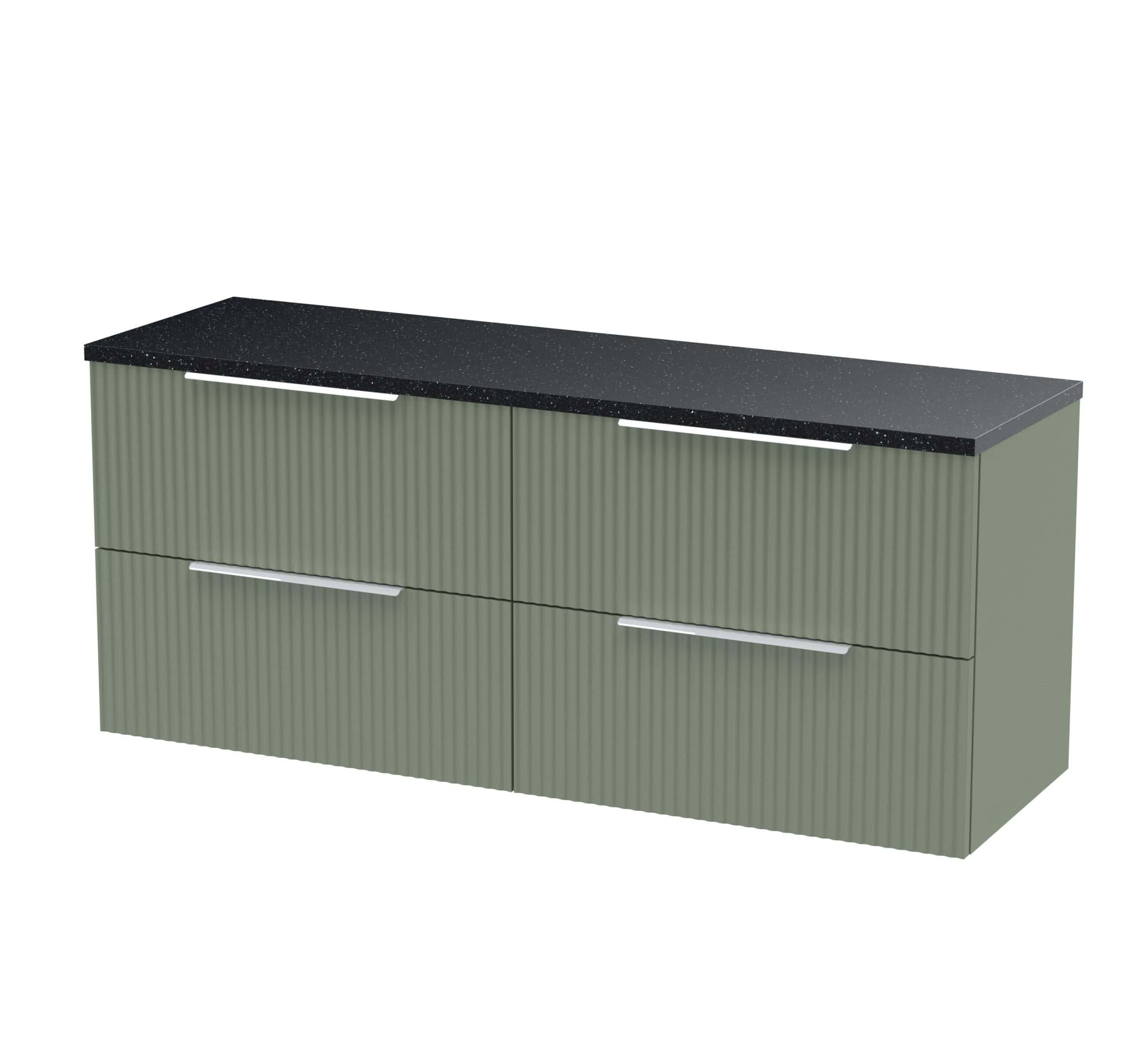 Modern green bathroom vanity unit with four drawers and black countertop, sleek handle design, perfect for stylish and functional bathroom storage.