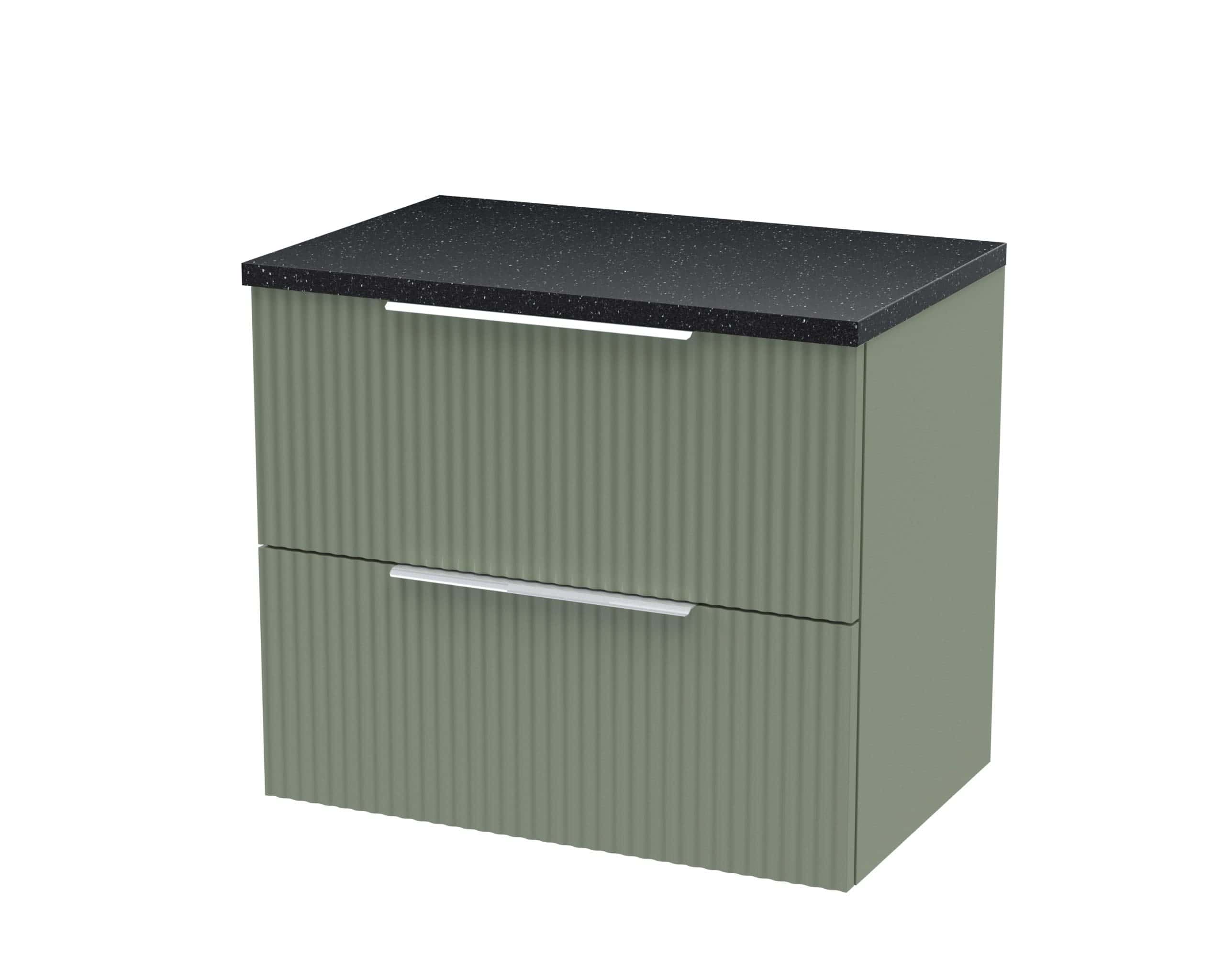 Sleek two-drawer bathroom cabinet with textured finishes and a black speckled countertop for stylish bathroom storage solutions.