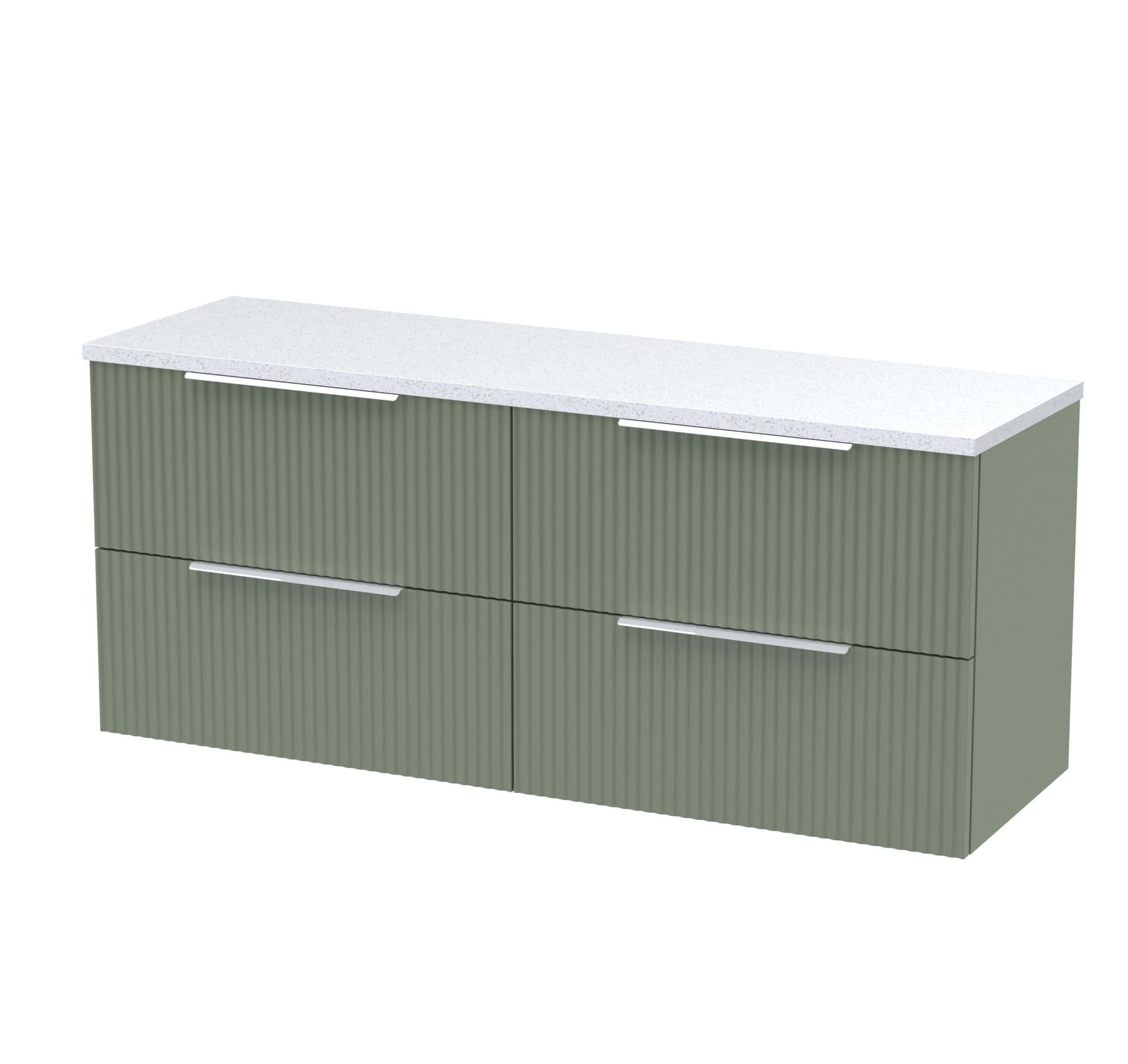 Modern green bathroom vanity with ribbed cabinet doors and white speckled countertop, perfect for contemporary bathroom design.