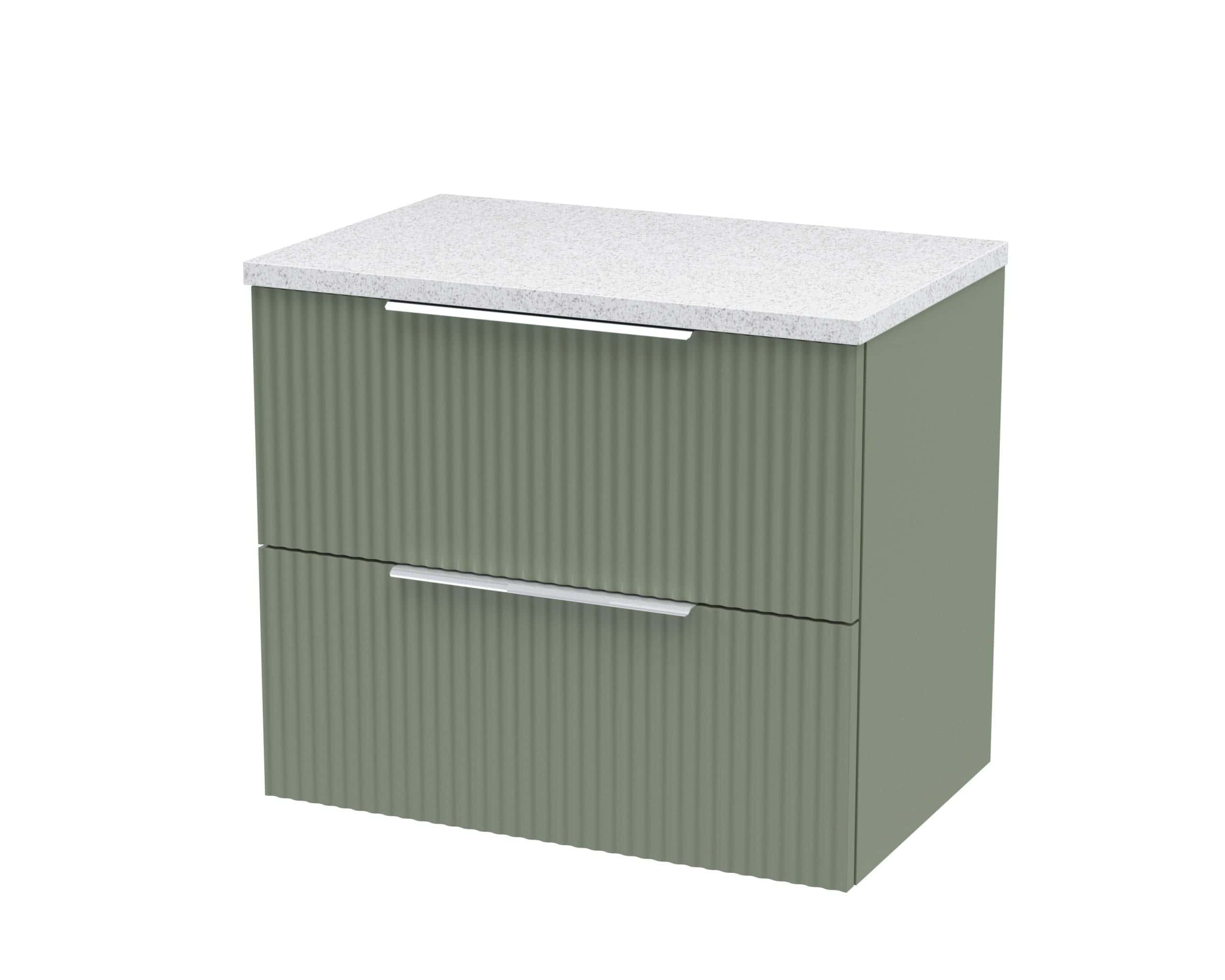 Sleek green bathroom cabinet with textured ribbed doors and a contrasting white marble-effect countertop, ideal for modern bathroom storage solutions.