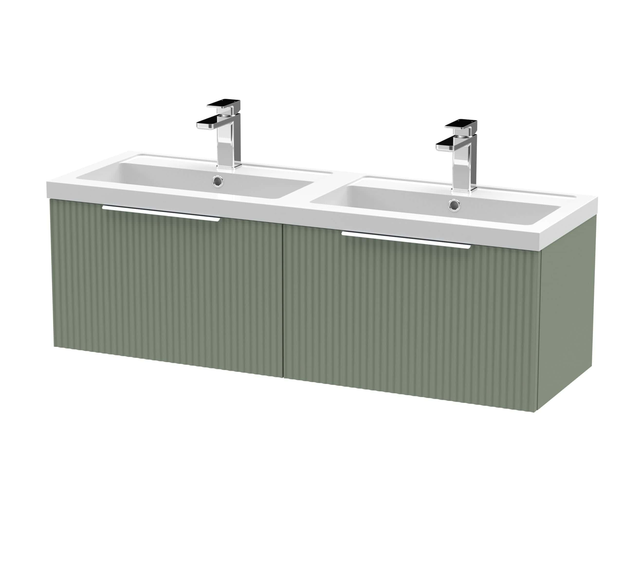 Dual modern bathroom sinks with sleek chrome taps and a contemporary green ribbed cabinet, ideal for stylish bathroom renovation and storage solutions.