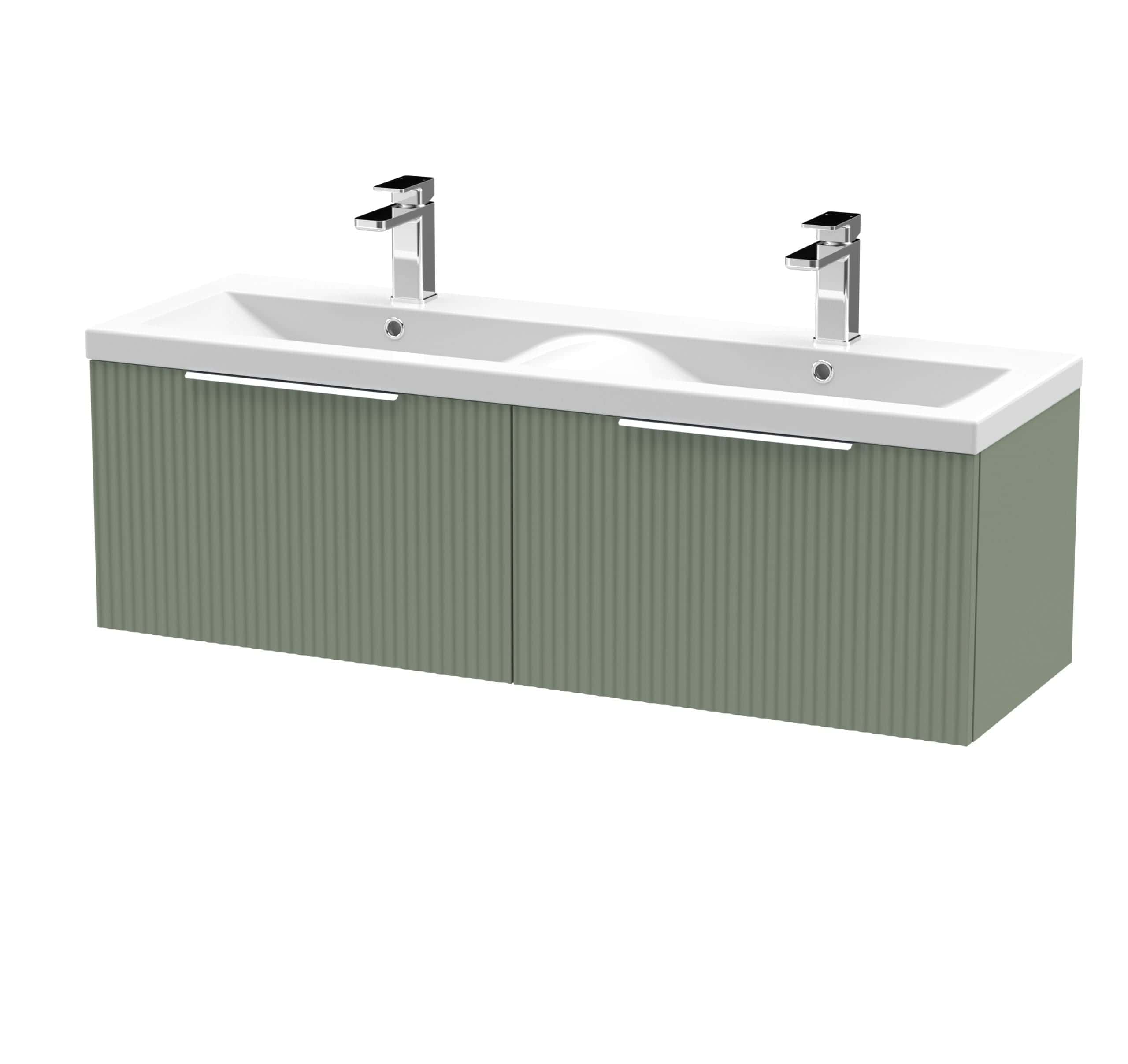 Sleek double-basin bathroom vanity with modern chrome taps and a textured grey cabinet, perfect for contemporary bathroom renovations and stylish storage solutions.