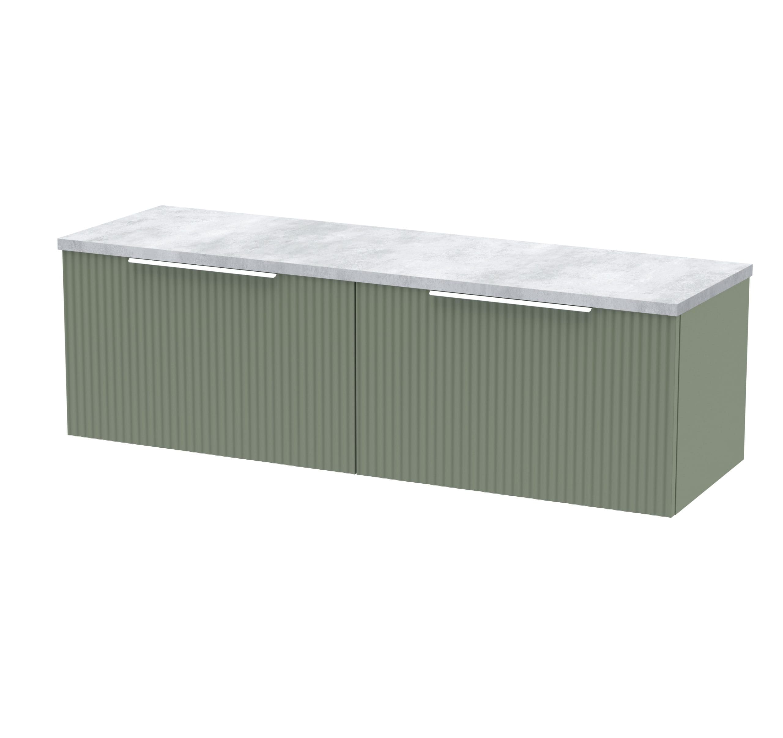 Modern green bathroom cabinet with ribbed doors and a white marble countertop for stylish storage solutions. Perfect for contemporary bathroom designs.
