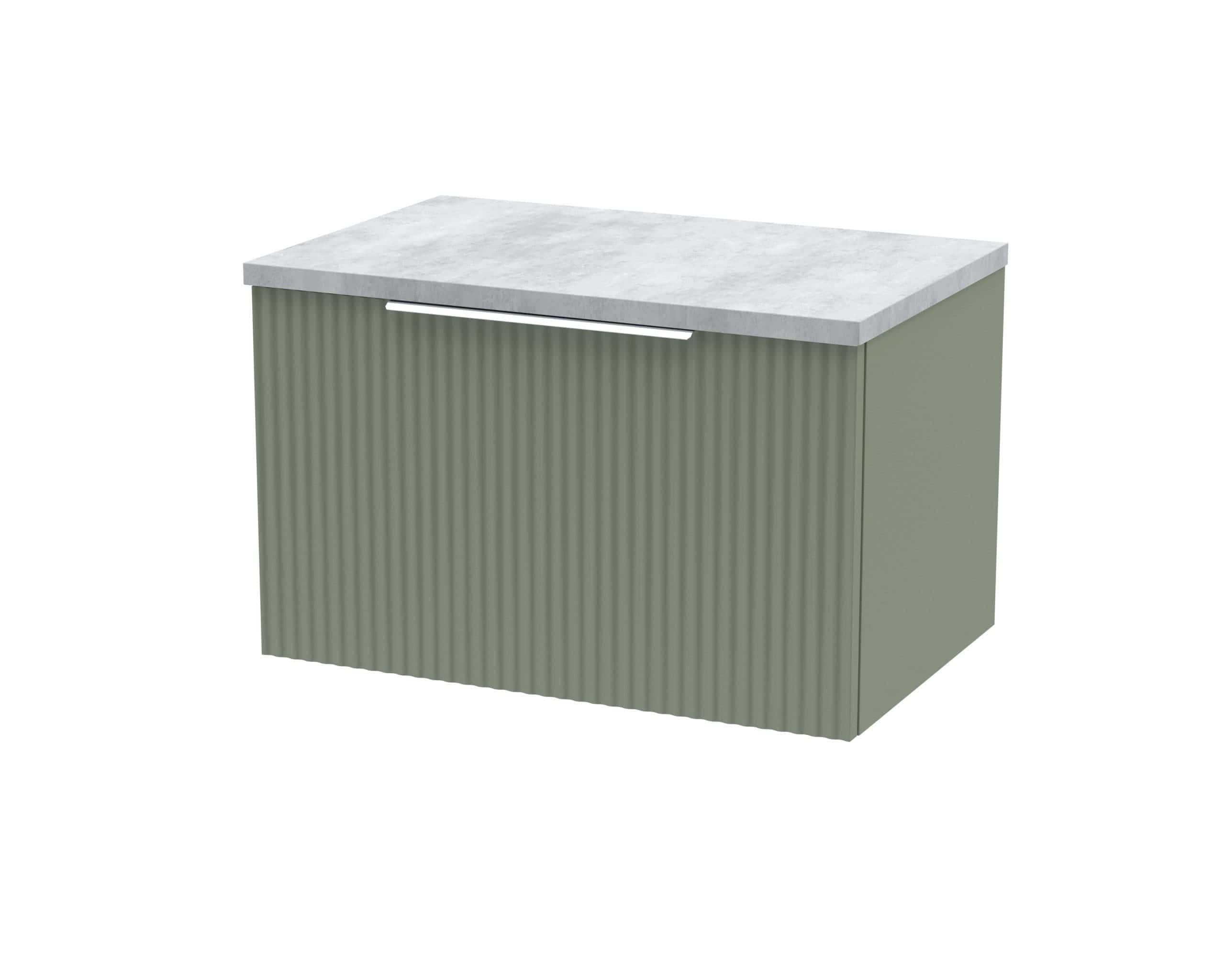 Stylish green bathroom vanity with ribbed front and marble top, ideal for modern bathroom storage solutions, featuring sleek handleless design and durable materials for a contemporary look.