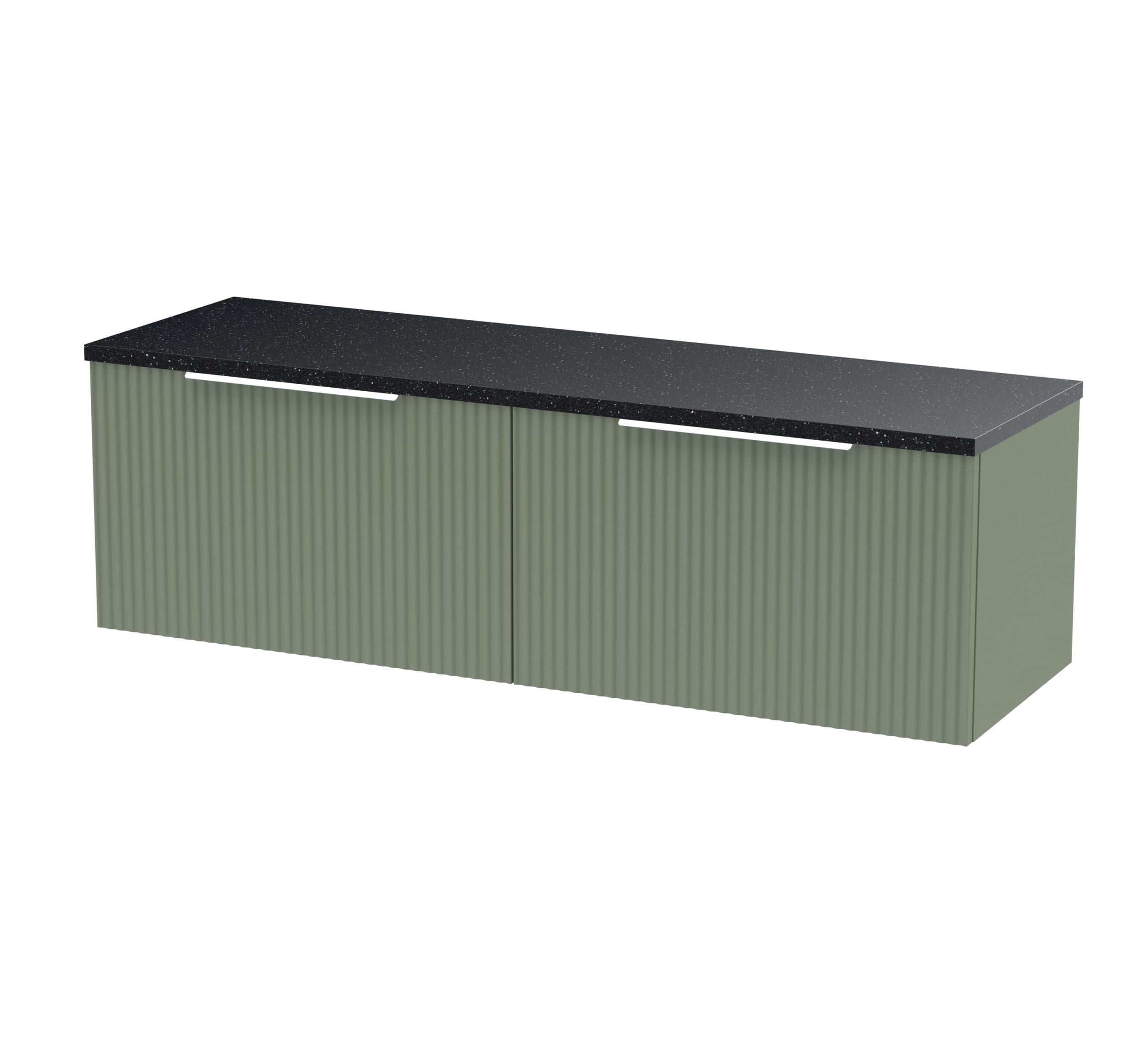 Stylish green bathroom cabinet with black speckled countertop, modern design, perfect for bathroom storage and organisation.
