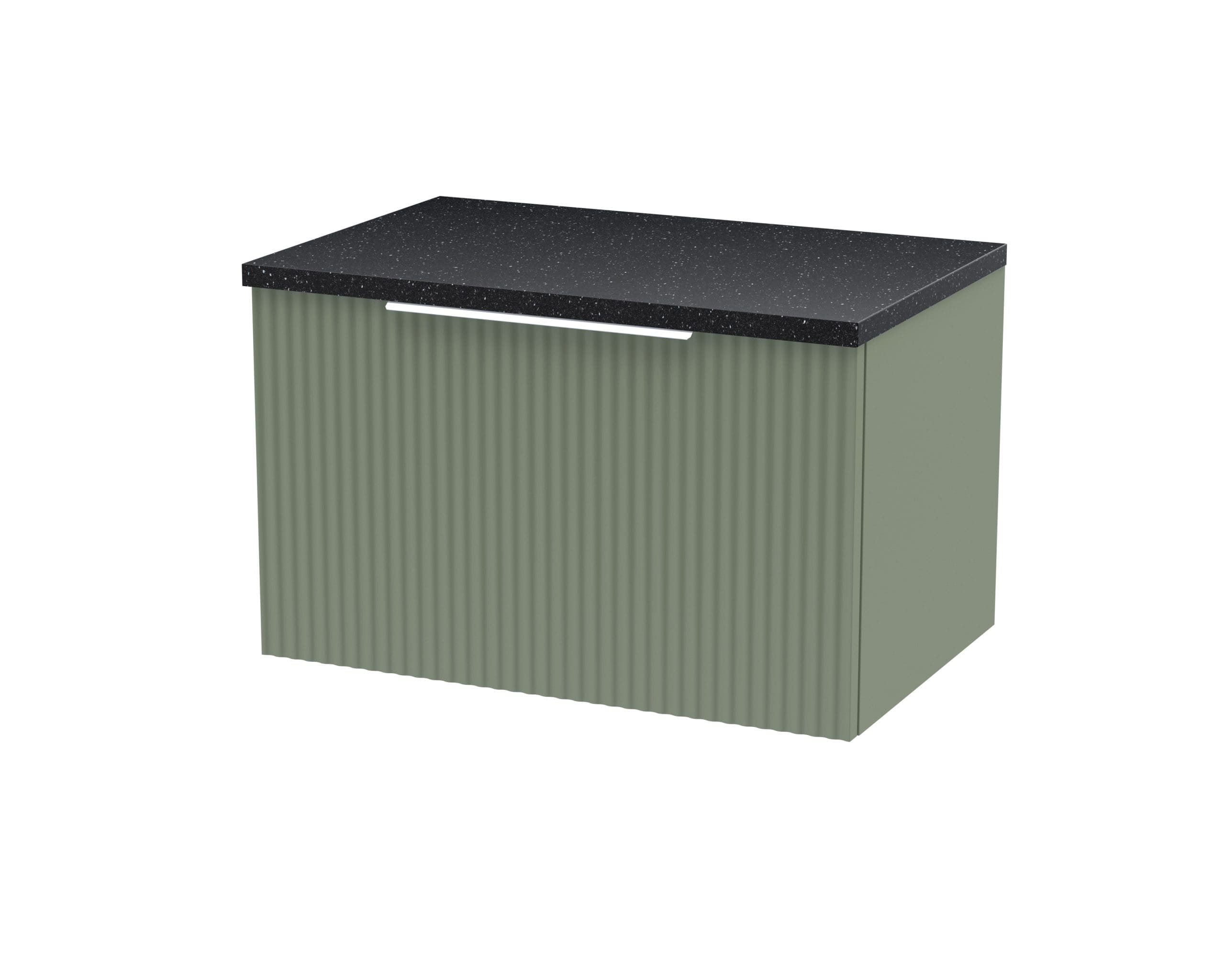 Modern bathroom vanity unit with black speckled countertop and ribbed green finish, ideal for contemporary bathroom storage solutions.