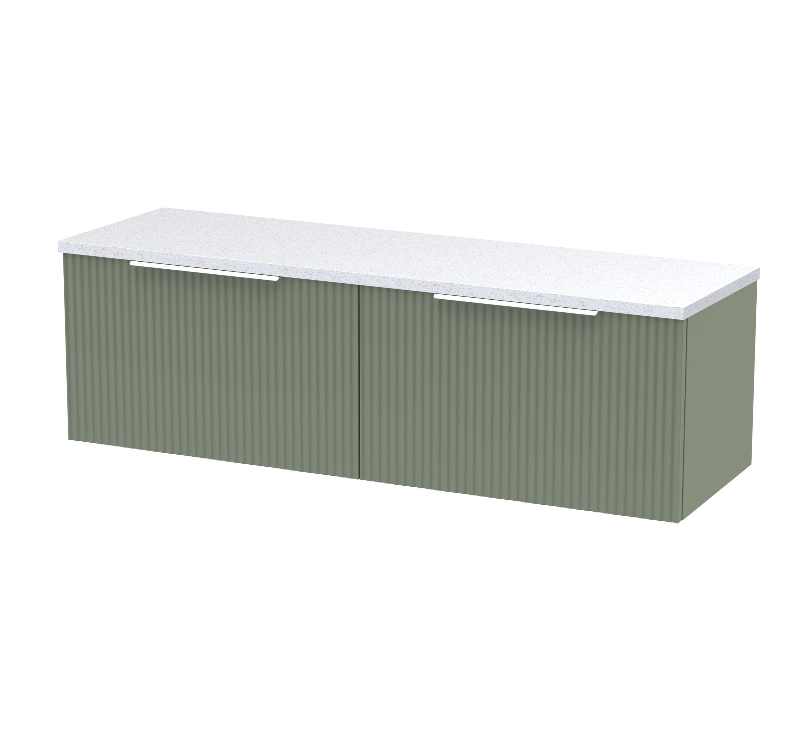 Modern bathroom storage unit with green ribbed cabinetry and a white countertop for sleek bathroom organisation.