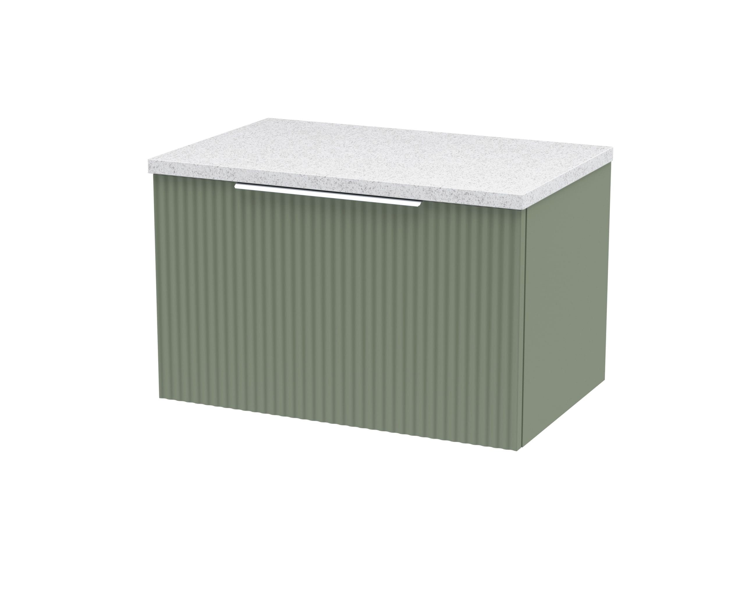 Modern green bathroom vanity with ribbed cabinet doors and white granite countertop - ideal storage solution for contemporary bathroom design.