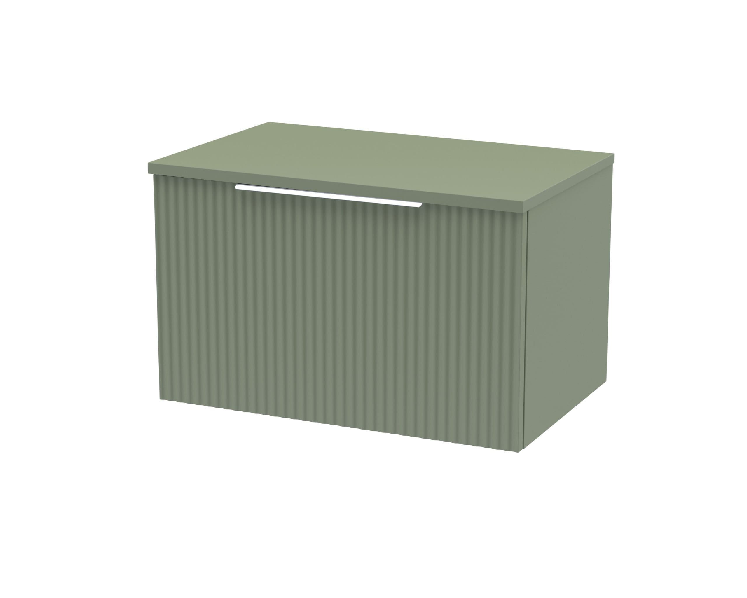 Modern green bathroom vanity cabinet with ribbed drawer front and sleek handle for stylish storage solutions.