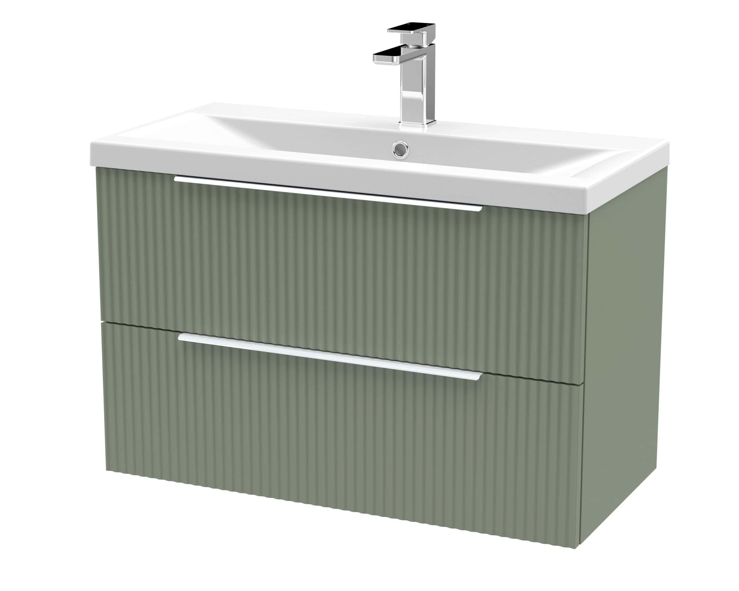Modern green bathroom vanity unit with integrated sink and sleek chrome tap, designed for stylish and functional bathroom storage solutions. Perfect for contemporary bubly bathrooms.