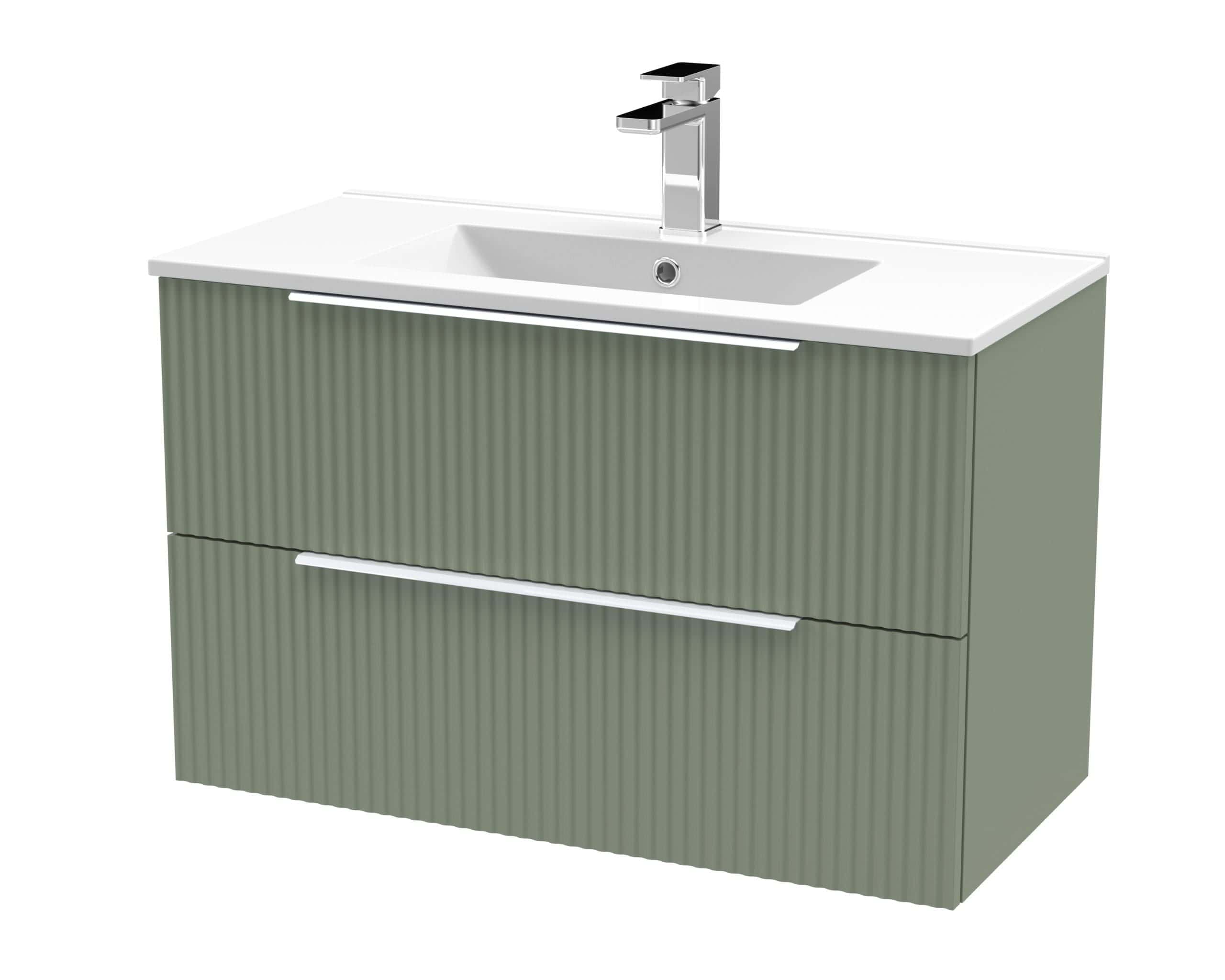 Contemporary bathroom vanity unit with built-in sink and modern chrome tap, featuring ribbed matte green cabinet doors for a sleek and stylish bathroom storage solution.