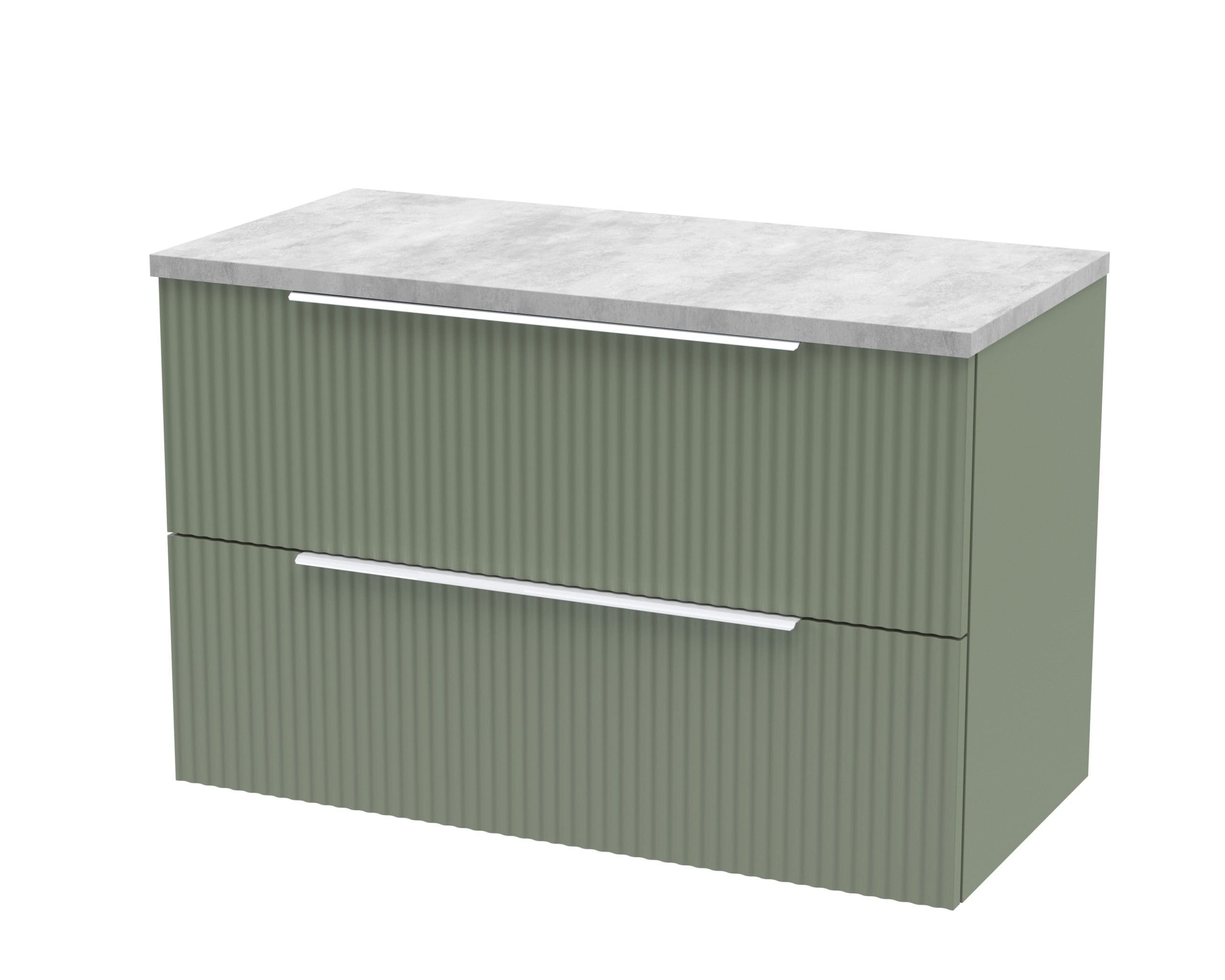 Contemporary green bathroom vanity with ribbed drawer fronts and a sleek marble countertop, ideal for modern bathroom decor.