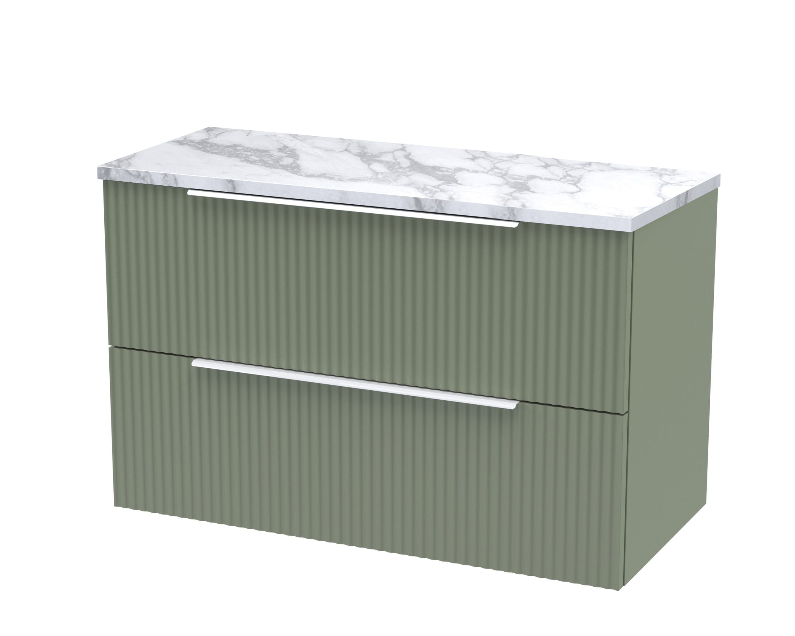 Sleek green bathroom vanity with ribbed drawers and a marble top, ideal for modern bathroom storage solutions and contemporary bathroom design.