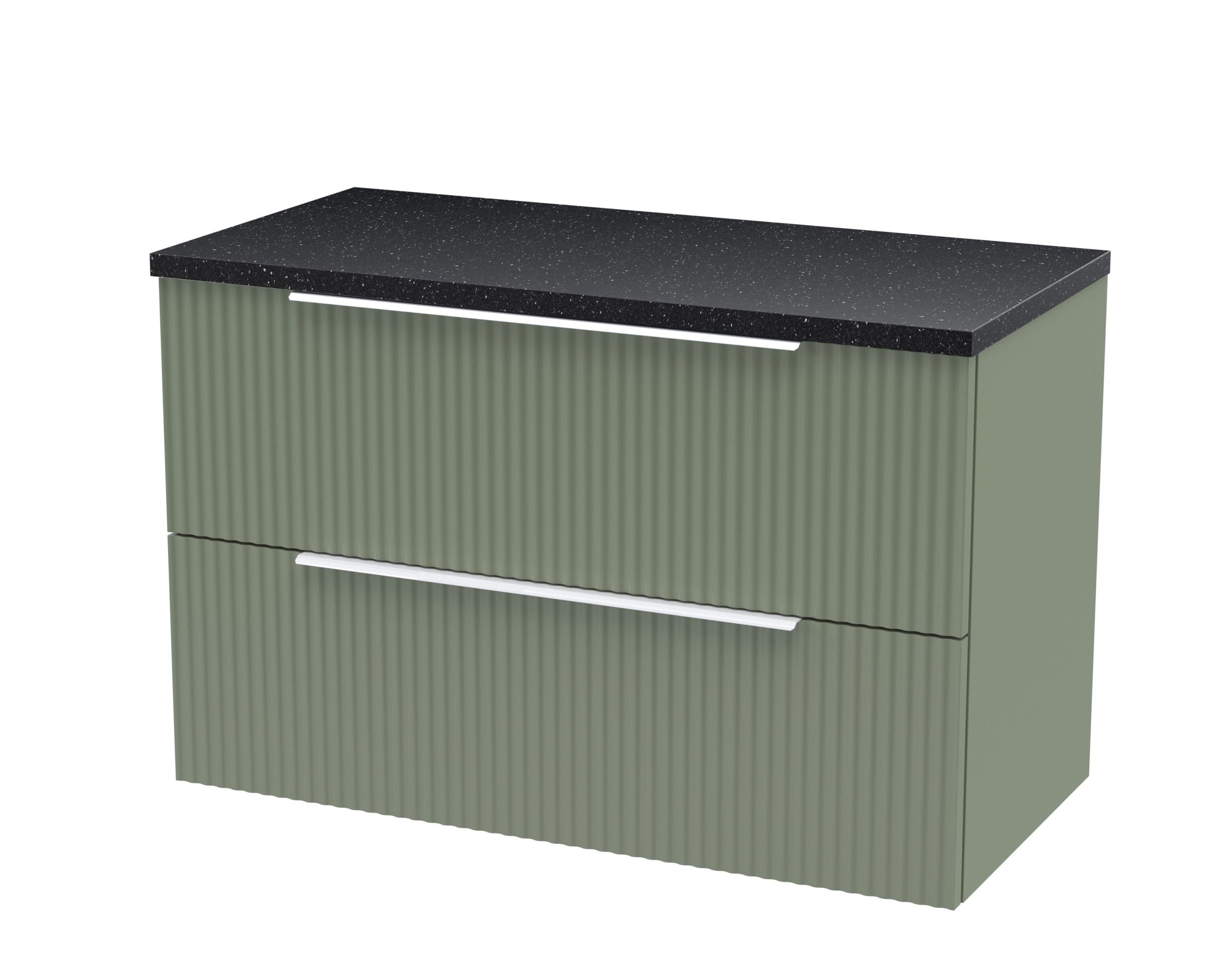 Polished green bathroom vanity with ribbed cabinet doors and black speckled countertop, modern storage solution for contemporary bathroom designs.