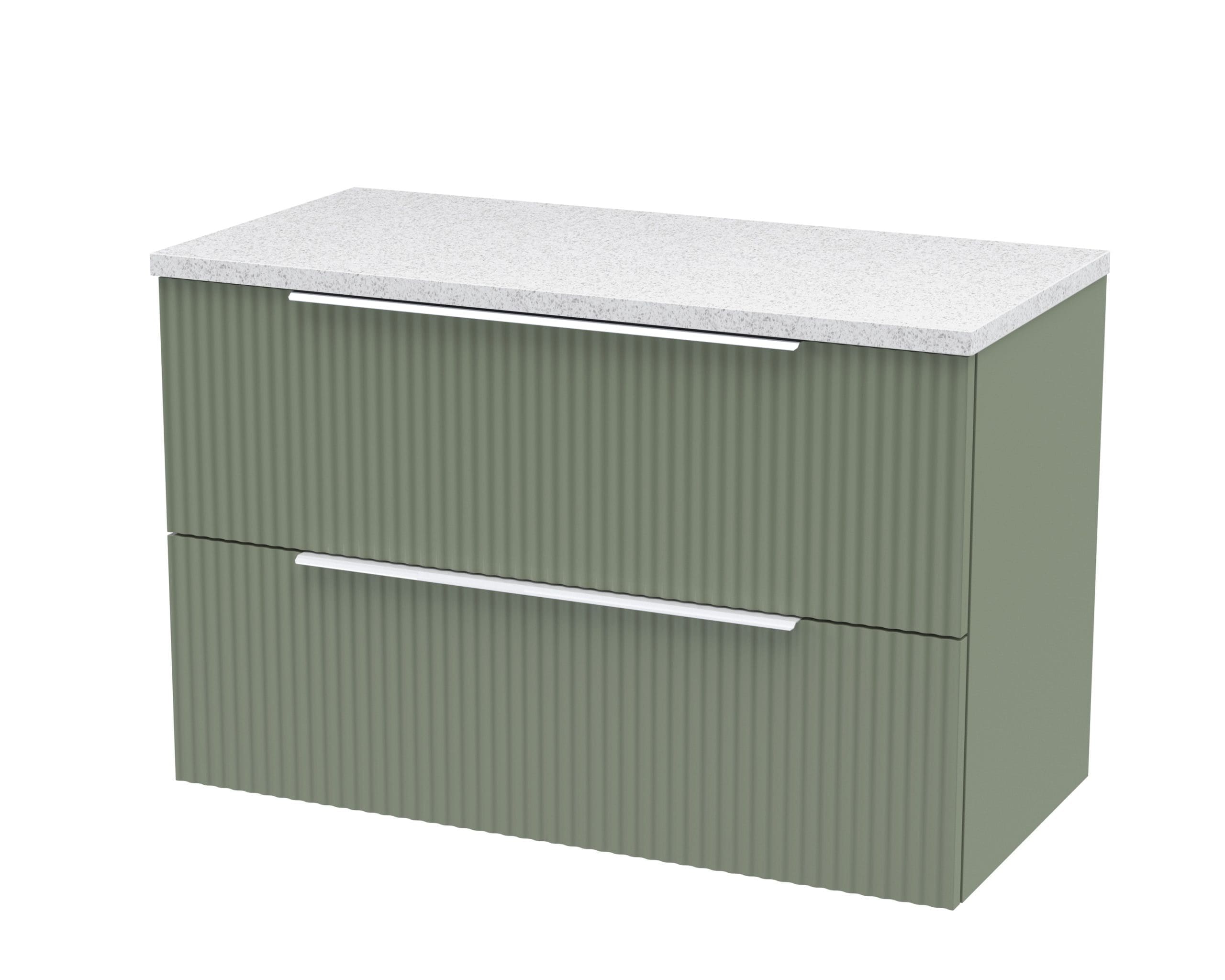 Modern green bathroom vanity with ribbed cabinet doors and sleek white handles, topped with a durable white stone-effect countertop, ideal for contemporary bathroom design.