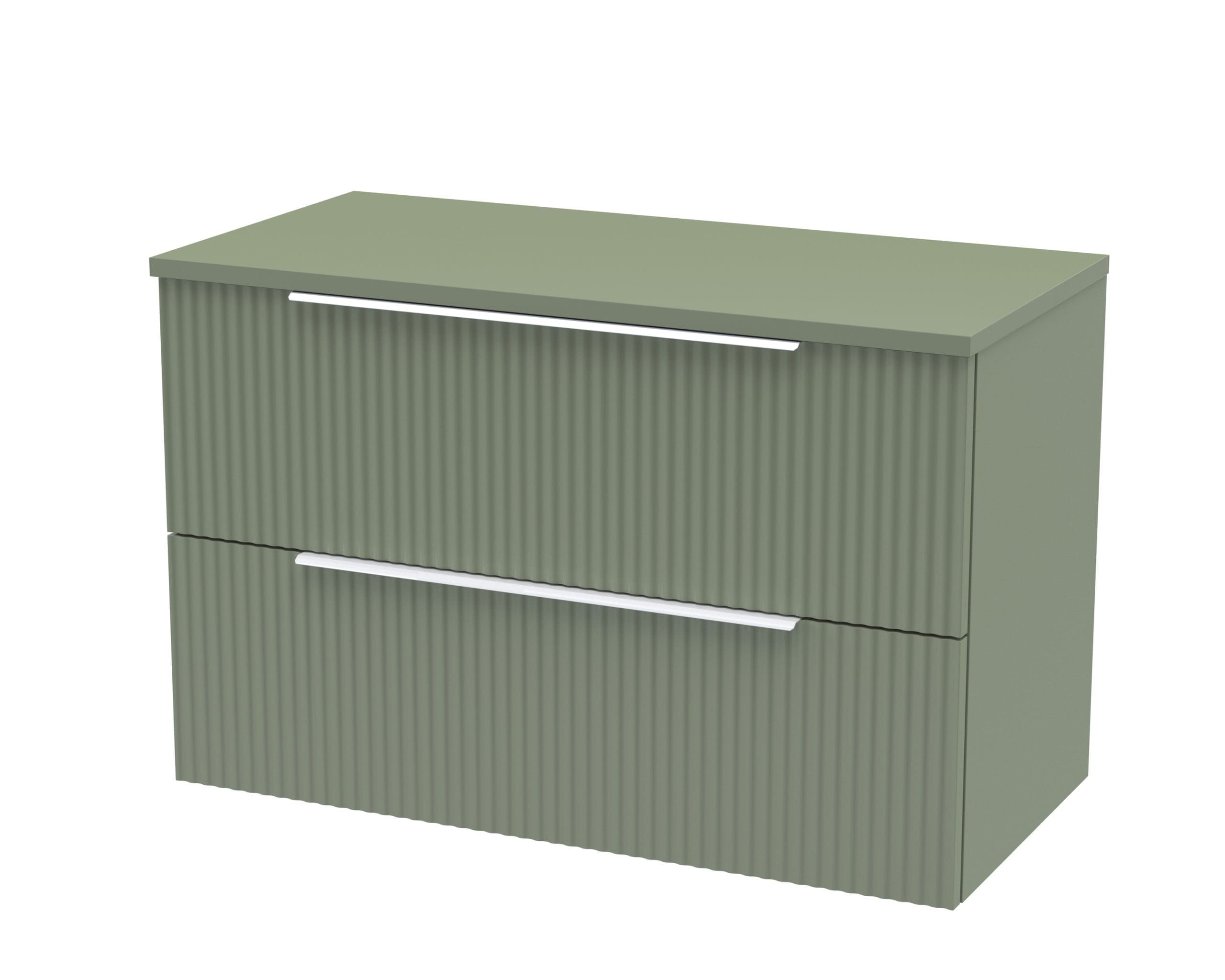 Sleek green bathroom vanity cabinet with ribbed drawer fronts and modern integrated handles, ideal for contemporary bathroom storage solutions.