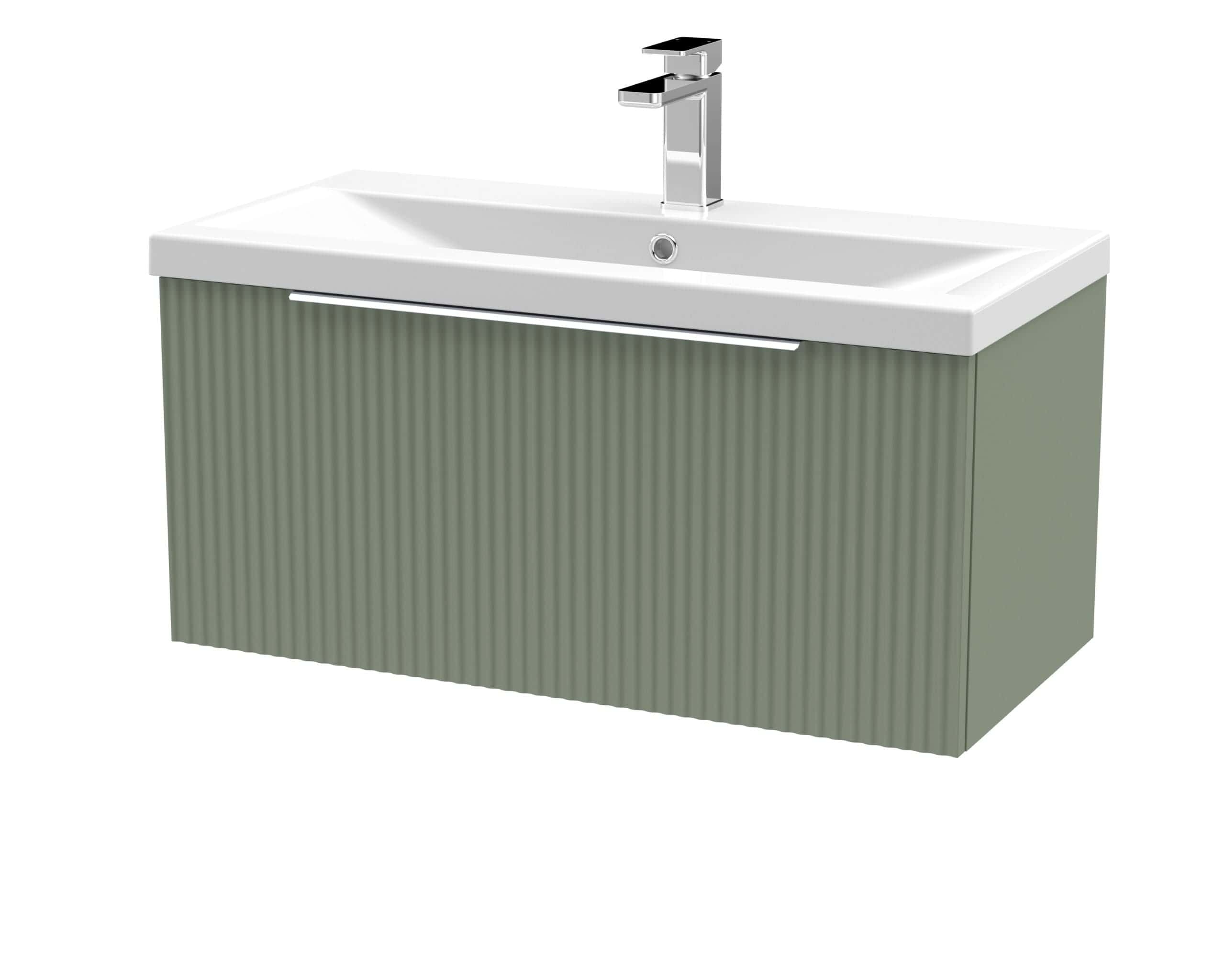 Sleek modern bathroom vanity with integrated sink and stylish green textured front, perfect for contemporary Bubly Bathrooms, combining functionality and design elegance.
