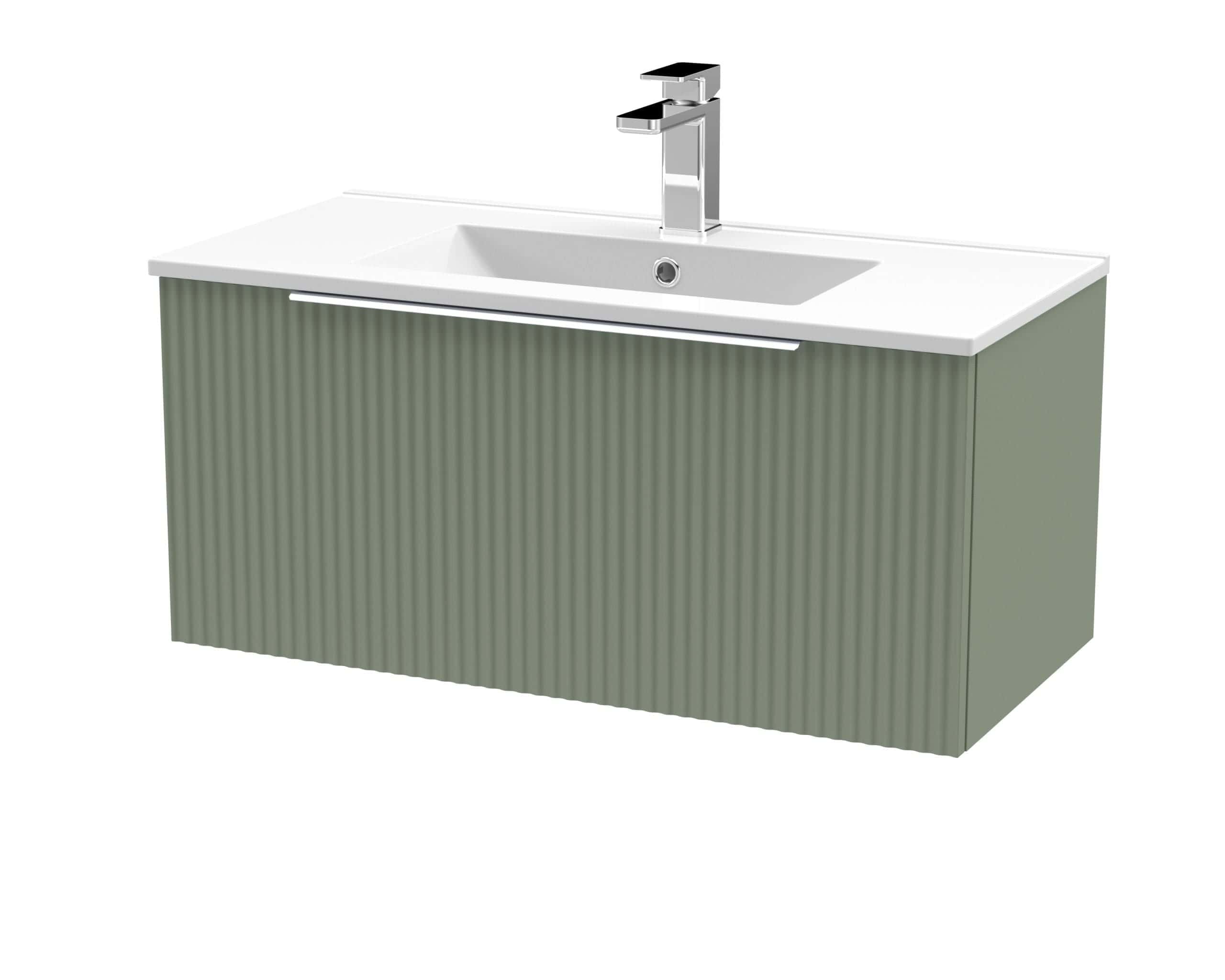 Contemporary bathroom vanity unit with integrated sink and modern chrome tap, featuring sleek, minimalist design for stylish bathroom storage and functionality.