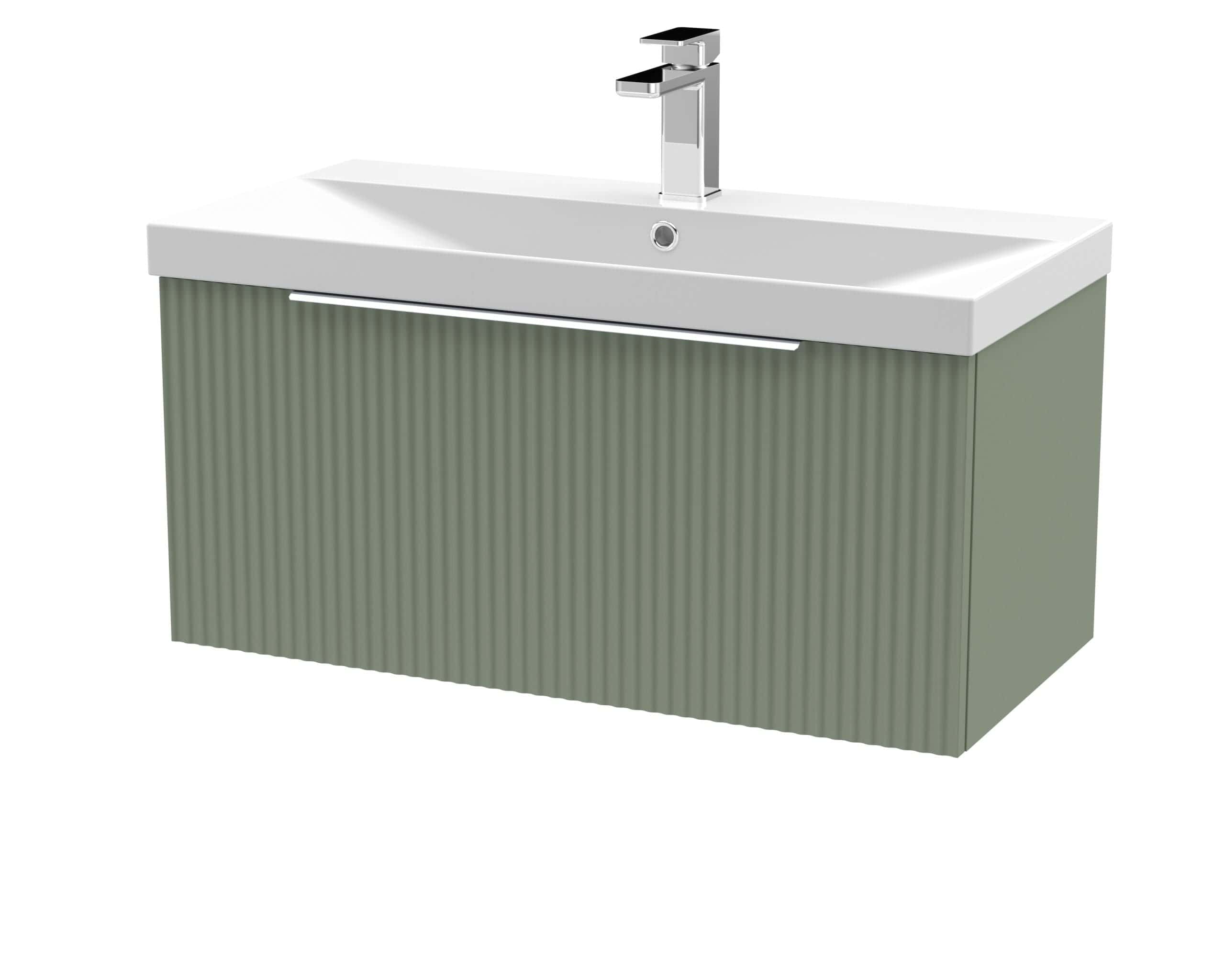 Modern bathroom vanity unit with sink and chrome tap, perfect for contemporary bathroom decor.