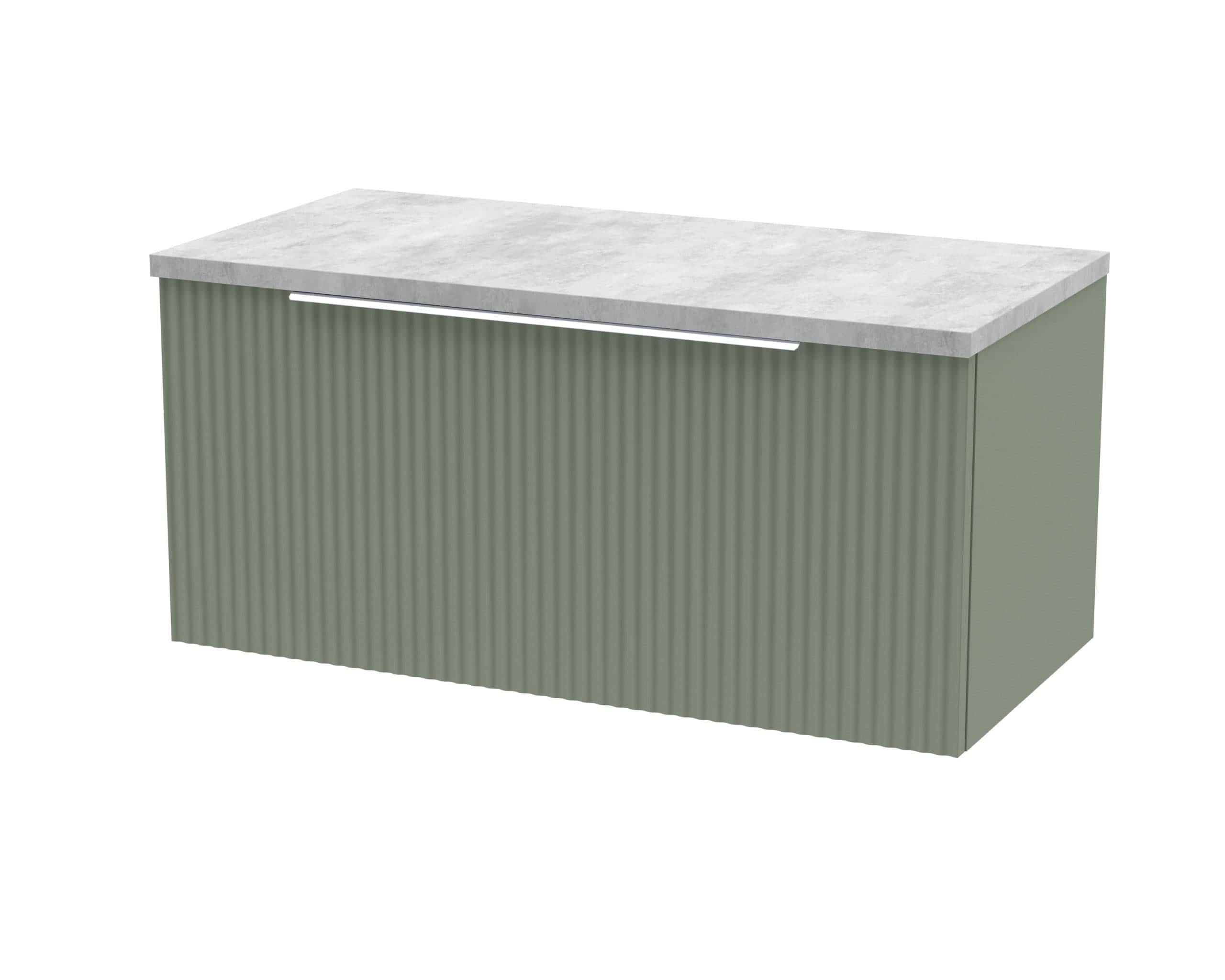 Contemporary bathroom vanity with ribbed green cabinet and marble top, ideal for modern bathroom renovation and stylish storage solutions.
