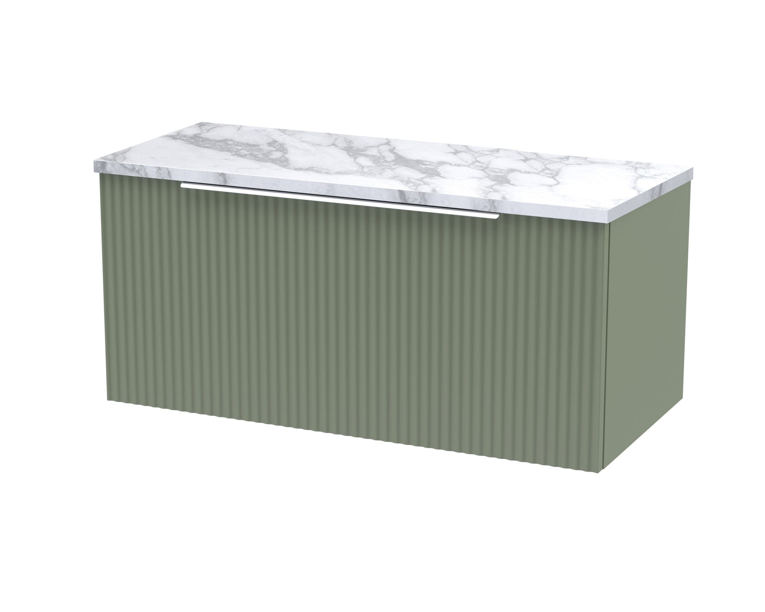 Stylish bathroom vanity unit with a marble top and ribbed green finish, ideal for modern bathrooms. Perfect storage solution with sleek design, combining functionality and contemporary aesthetics.