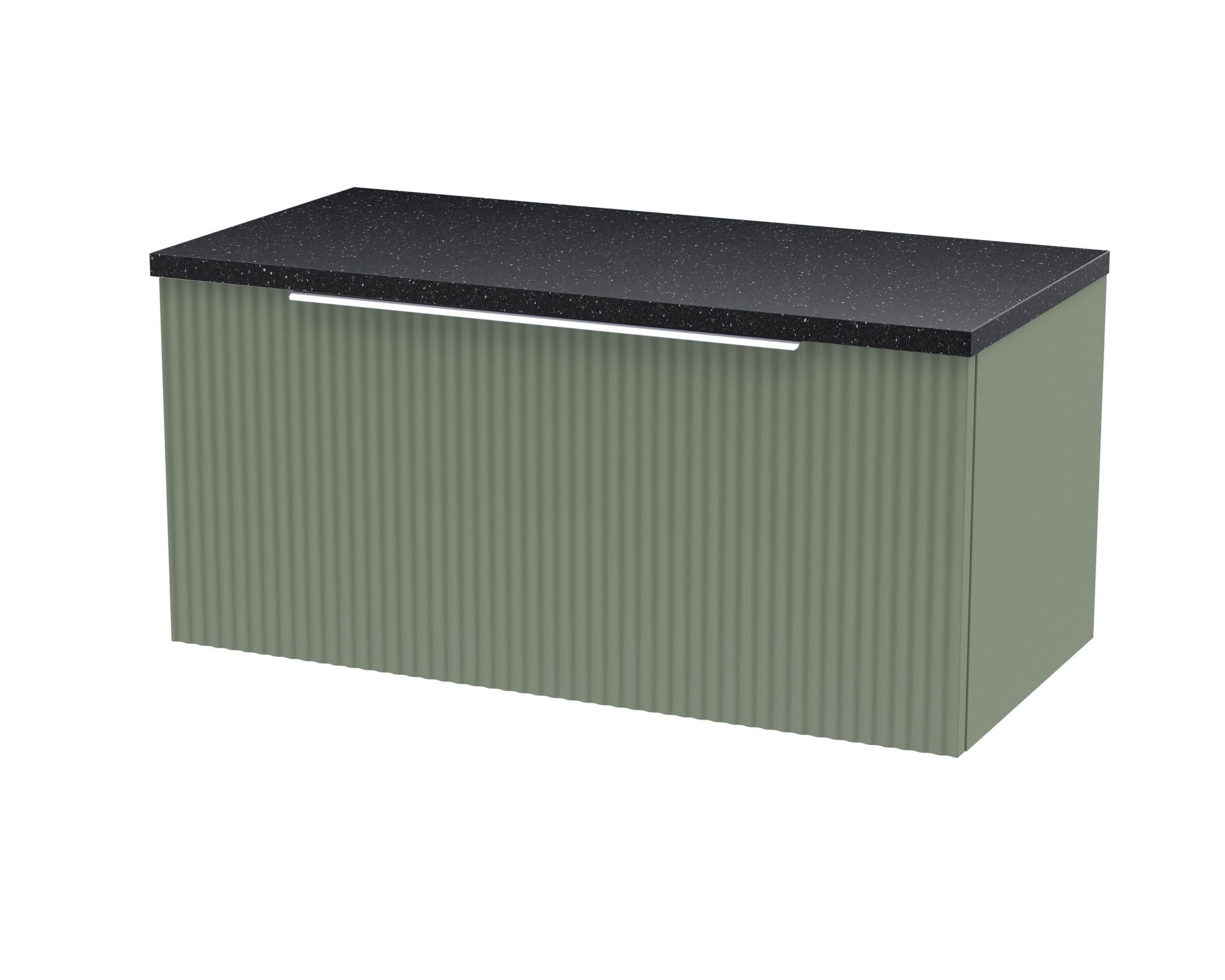 Contemporary bathroom vanity with black speckled countertop and ribbed sage green cabinet for modern bathroom decor.