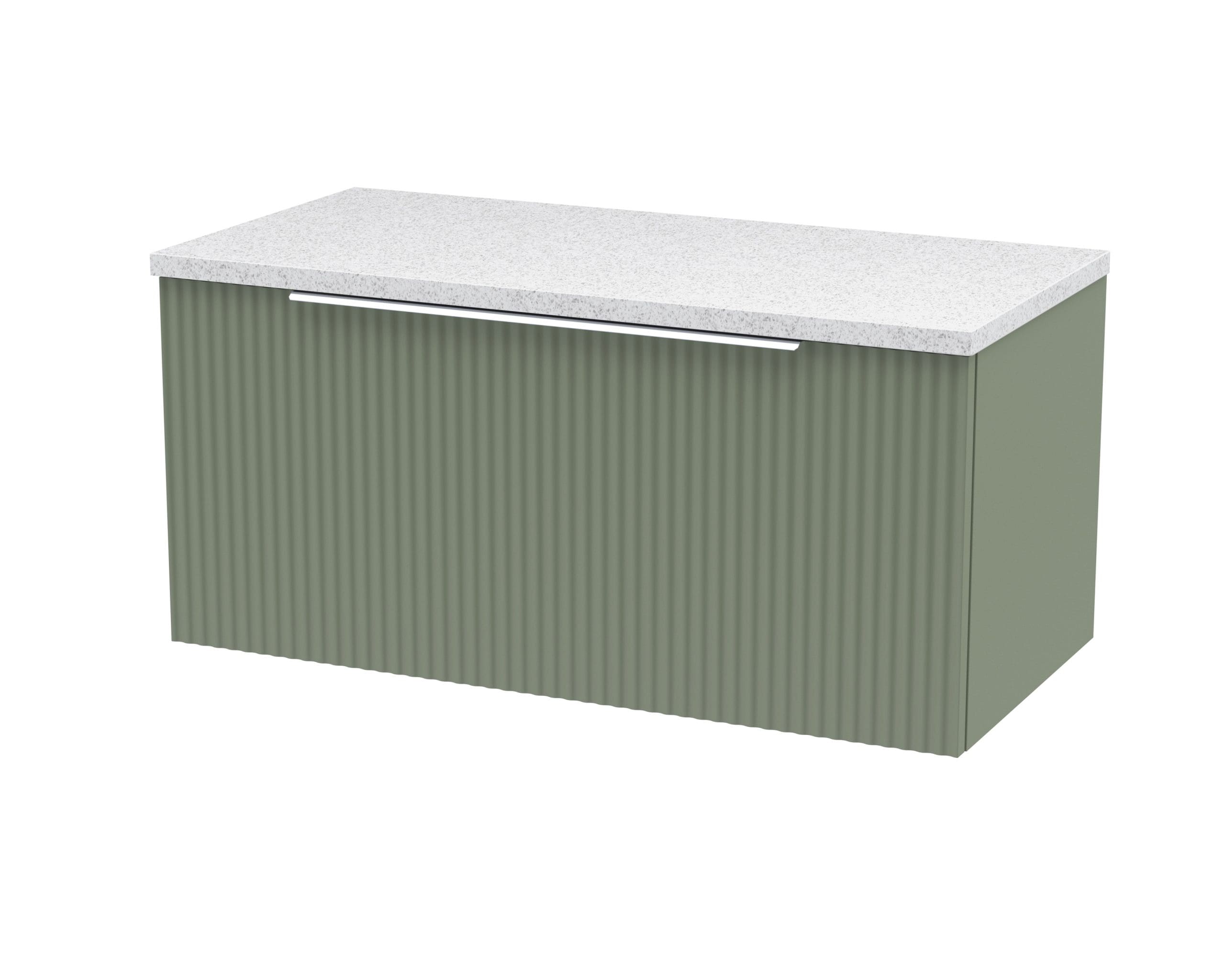 Contemporary bathroom vanity with green ribbed cabinet and white speckled quartz countertop, perfect for modern bathroom remodels and durable daily use.