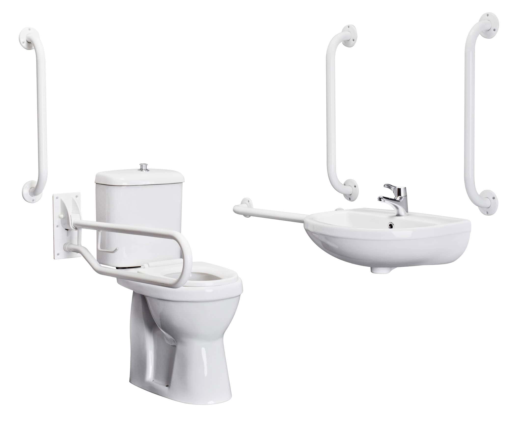 Handrails for accessible bathroom safety including toilet and sink grab bars in white, designed for elderly or disabled users, ensuring safety and convenience in bathroom environments.