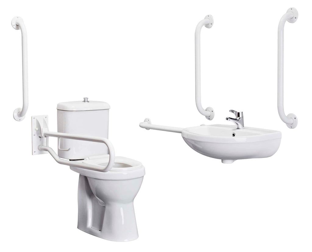 Handrails for accessible bathroom safety including toilet and sink grab bars in white, designed for elderly or disabled users, ensuring safety and convenience in bathroom environments.