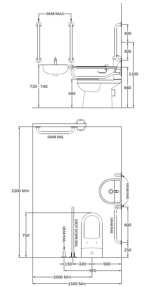 Grab rails for accessible bathroom safety and support, designed for elderly and disabled users in wet environments.