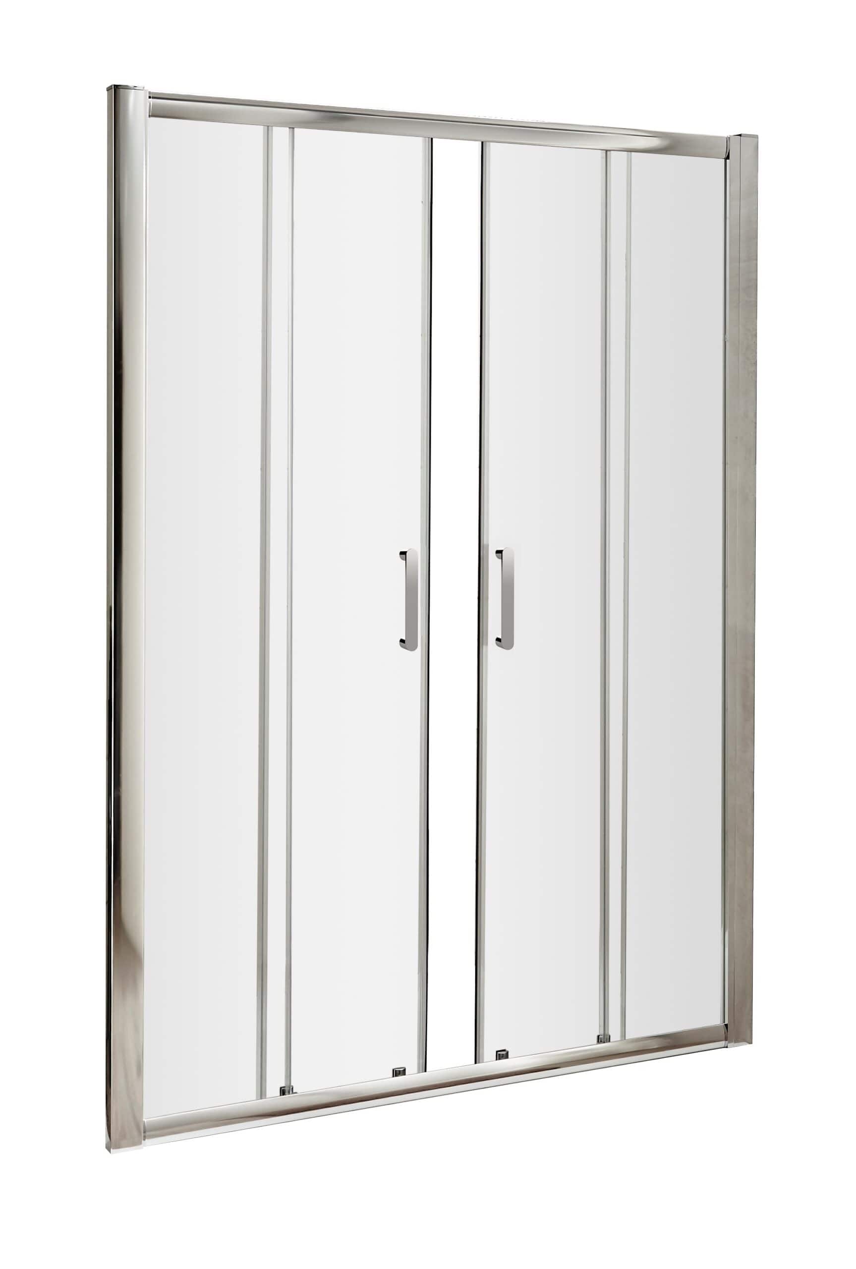 Aluminium double sliding shower door with chrome frame for modern bathrooms. Easy to install, durable, and sleek design ideal for wet rooms and shower enclosures.
