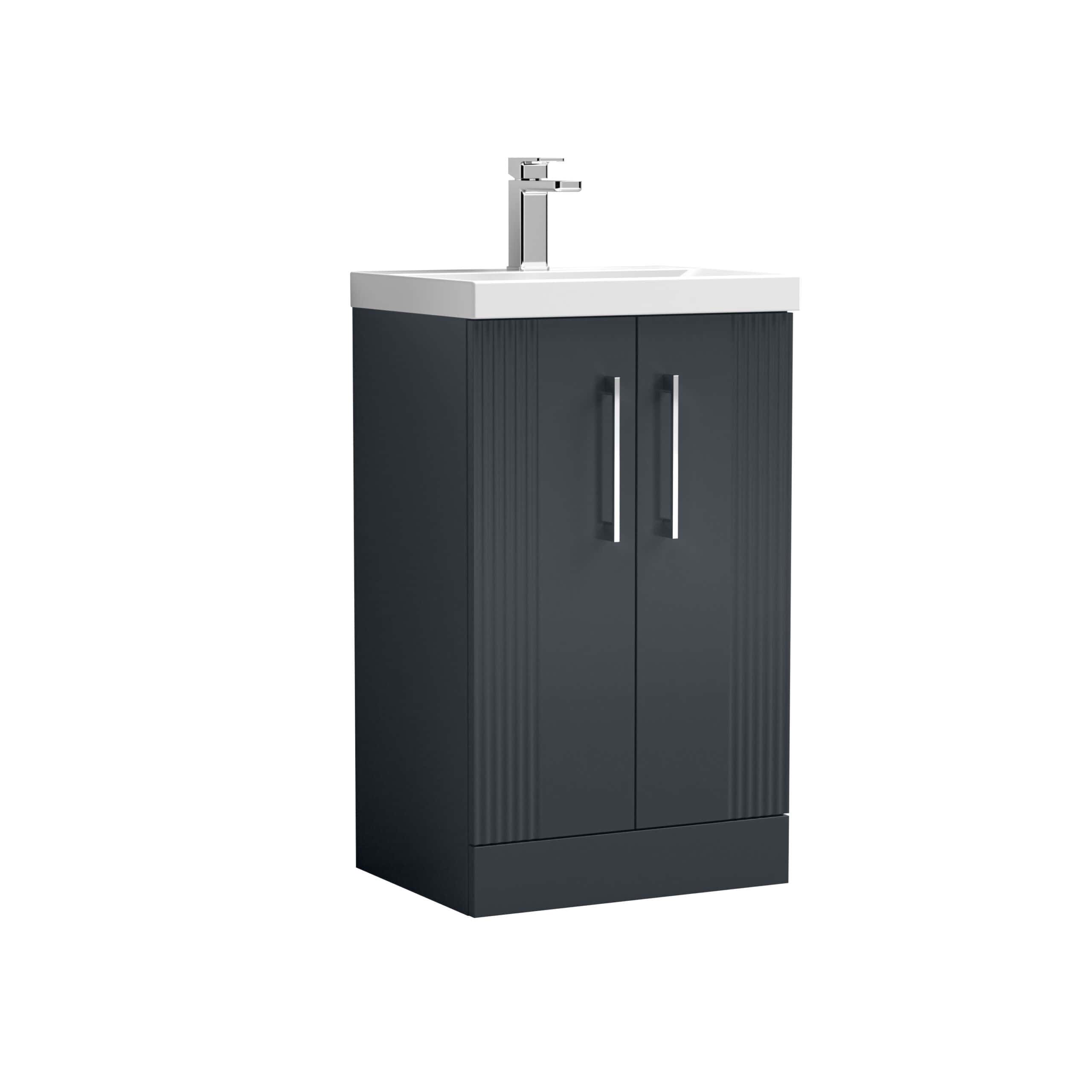 Sleek black bathroom vanity cabinet with a white basin and modern chrome tap, ideal for contemporary bathrooms and storage solutions.