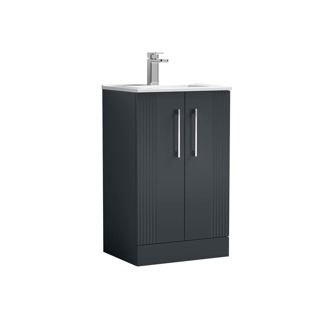 Modern bathroom vanity with a sleek dark grey finish, dual door storage, and a white countertop with a fitted sink and chrome faucet, perfect for contemporary bathroom décor.