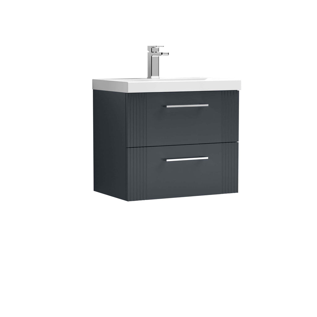 Sleek grey bathroom vanity unit with dual drawers and modern chrome handles, featuring a contemporary white basin and chrome tap, perfect for stylish bathroom upgrades.