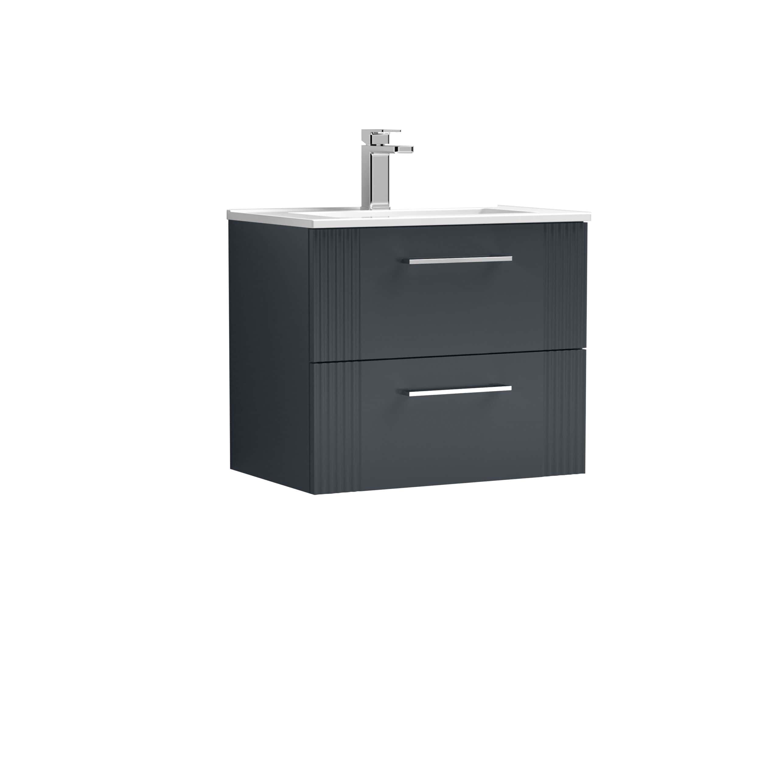 Modern grey bathroom vanity with built-in sink and sleek chrome handles, perfect for contemporary bathroom designs.