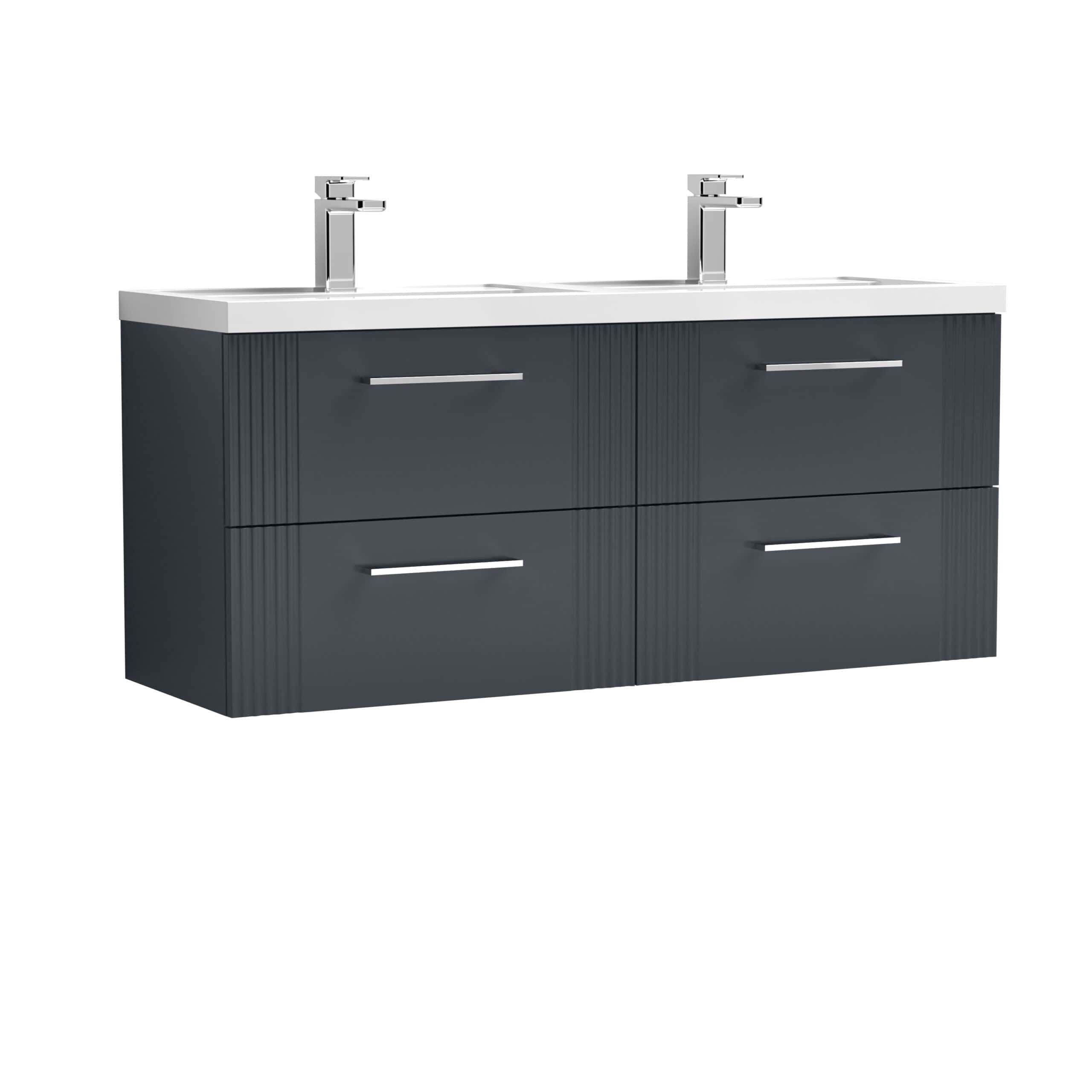 Modern grey double bathroom vanity unit with two sinks and chrome handles, ideal for contemporary bathrooms. Features ample storage space with four drawers and sleek design for a stylish look.