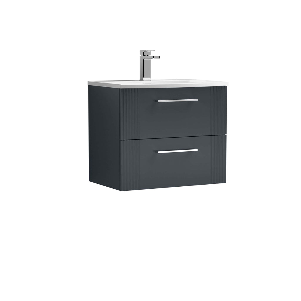 Stylish dark grey bathroom vanity unit with integrated sink and chrome handles, designed for modern bathrooms, offering practical storage and sleek aesthetic.
