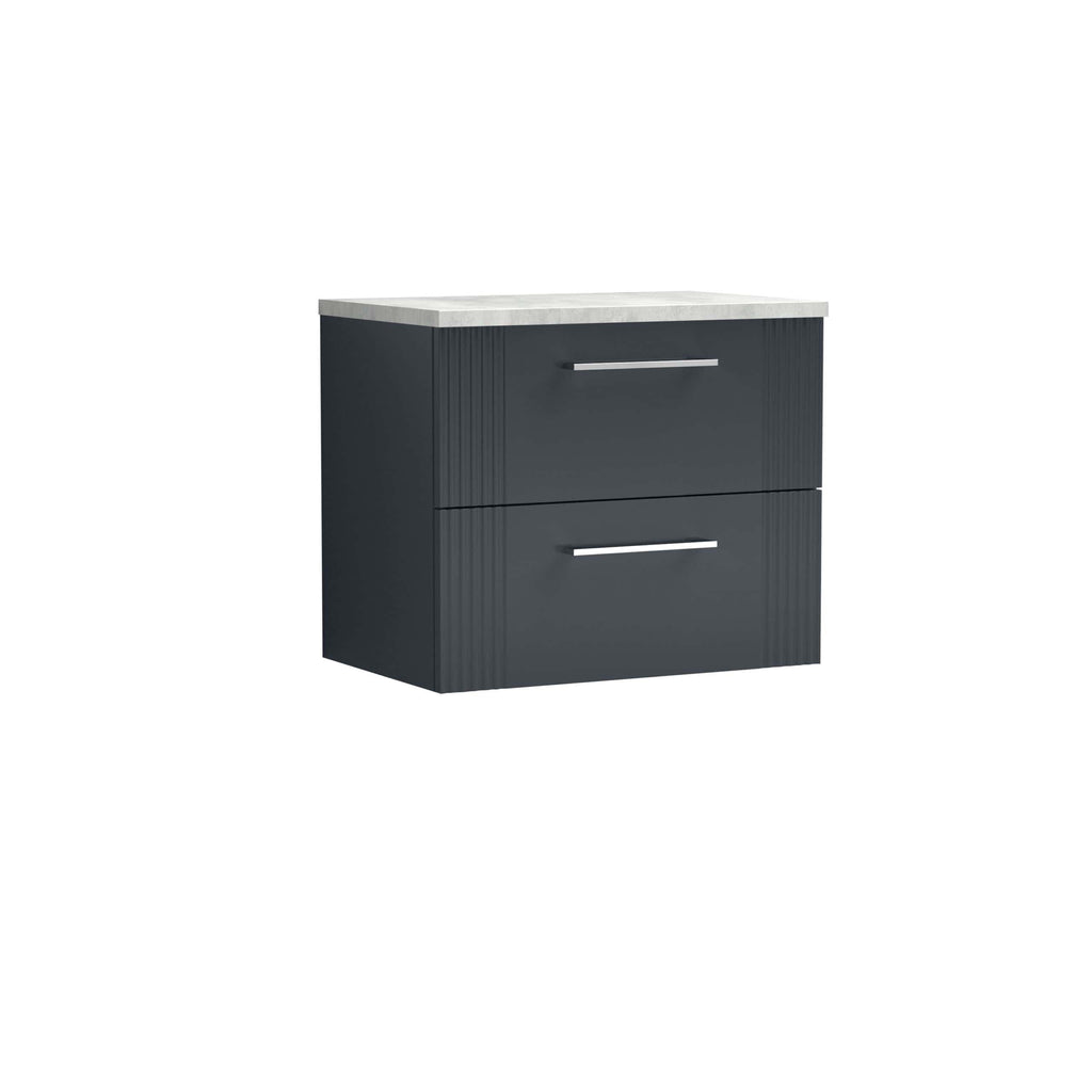 Modern dark grey bathroom vanity with a light marble top, two spacious drawers with sleek metal handles, ideal for stylish bathroom storage solutions.