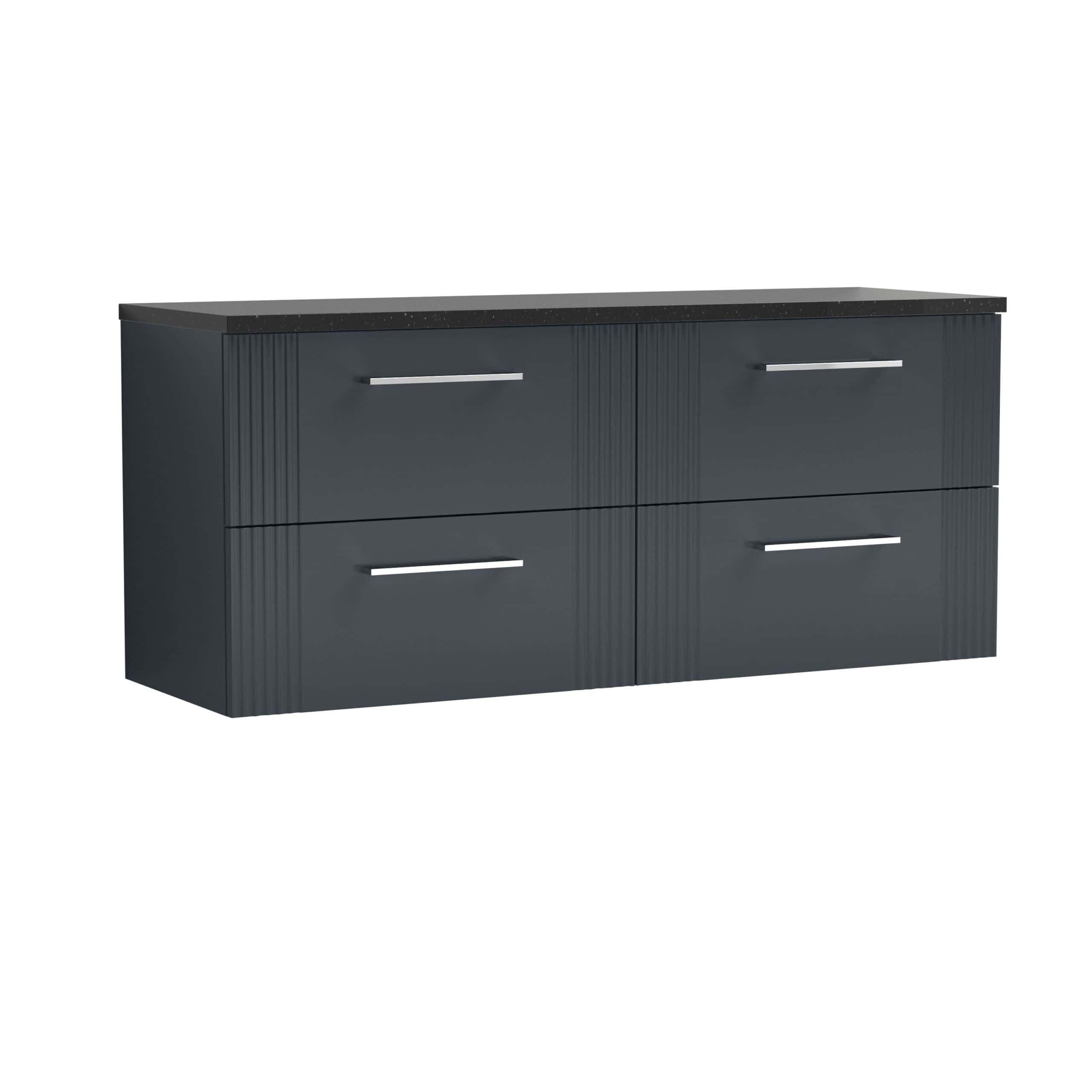 Sleek dark grey bathroom vanity with four drawers and modern chrome handles, perfect for contemporary bathroom storage and organisation. Made from durable materials with a stylish black countertop.