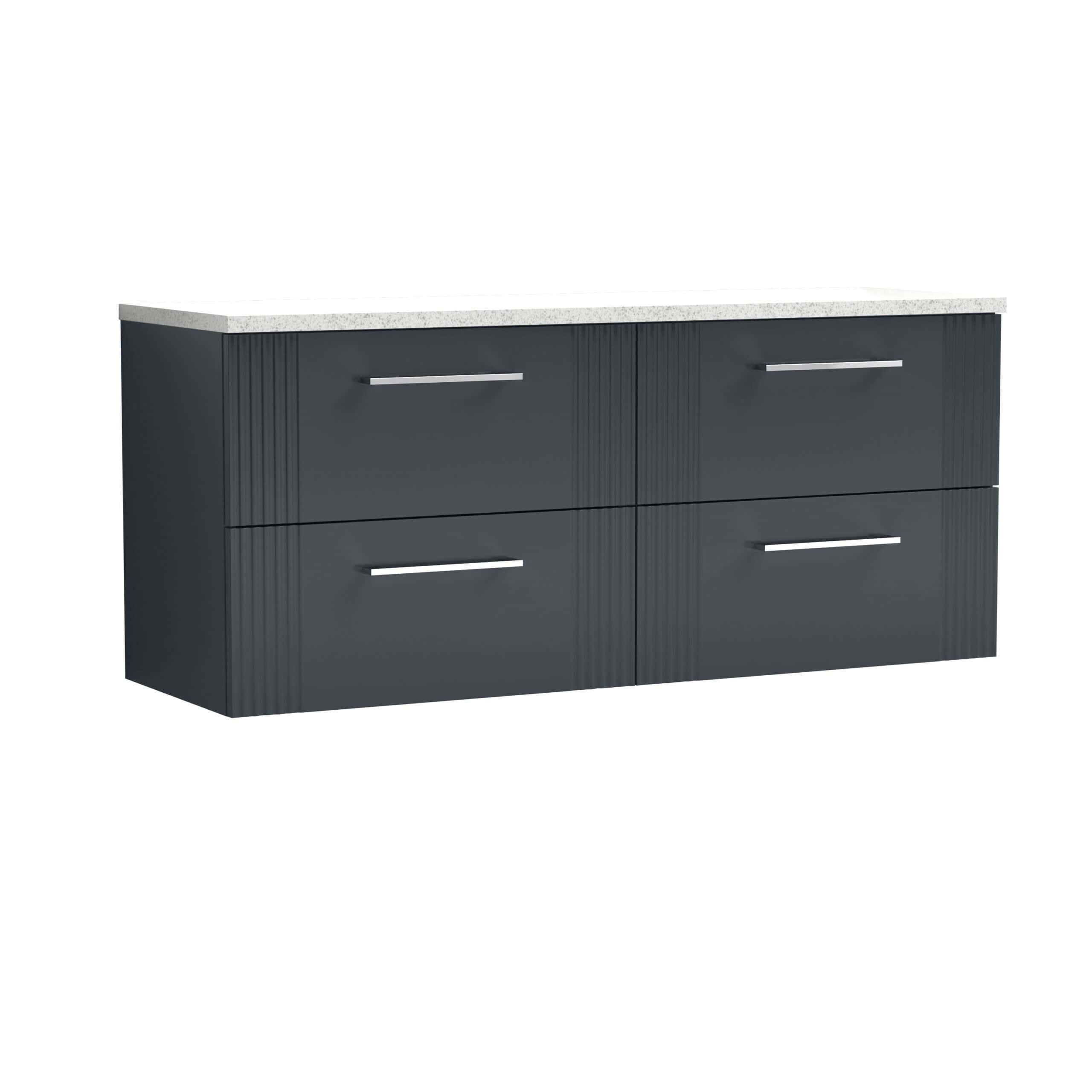 Modern grey bathroom vanity unit with four drawers and a white countertop, ideal for contemporary bathroom storage and style.